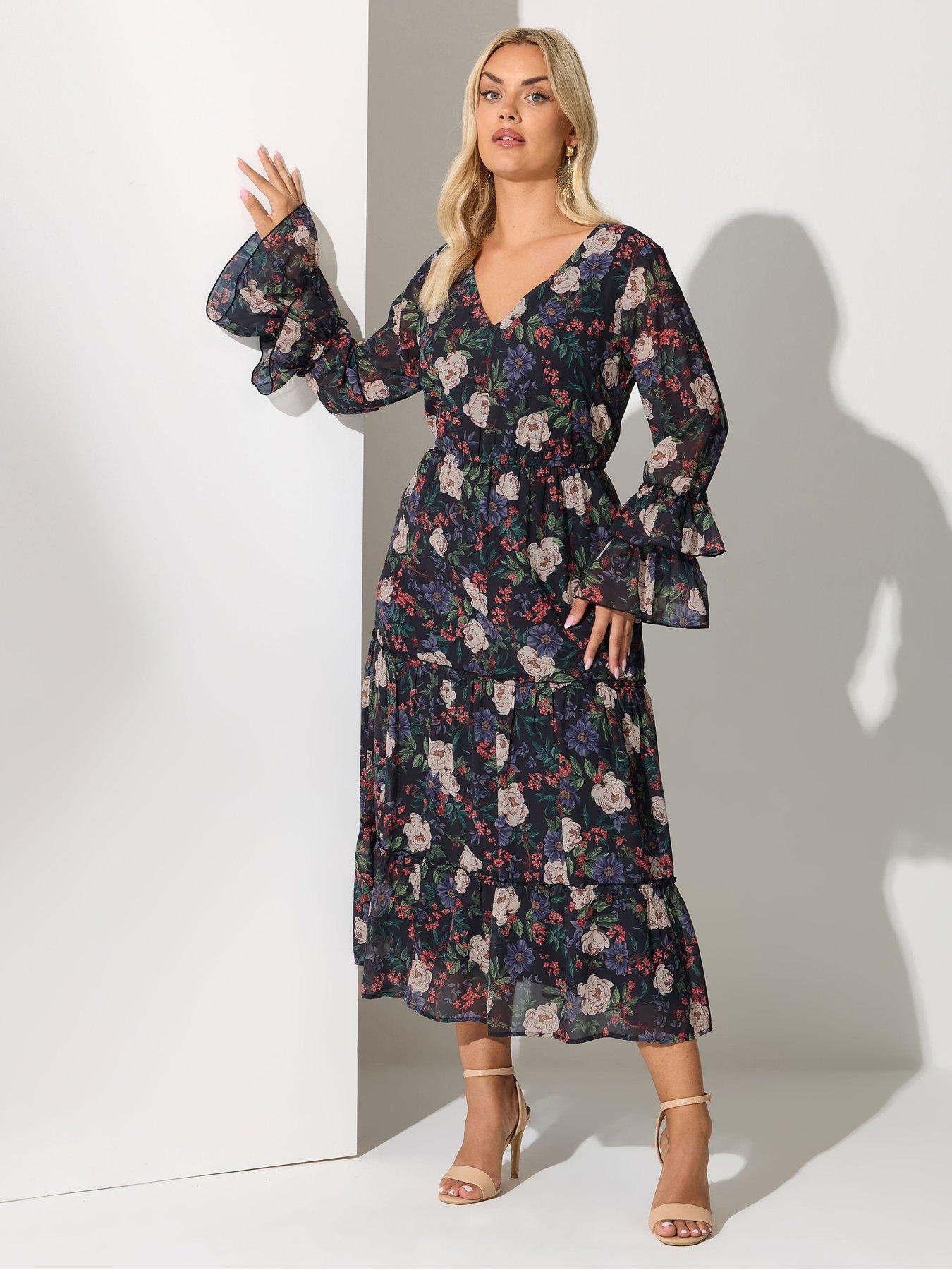 undefined Curve Floral V Neck Ruffle Tiered Dress - Black