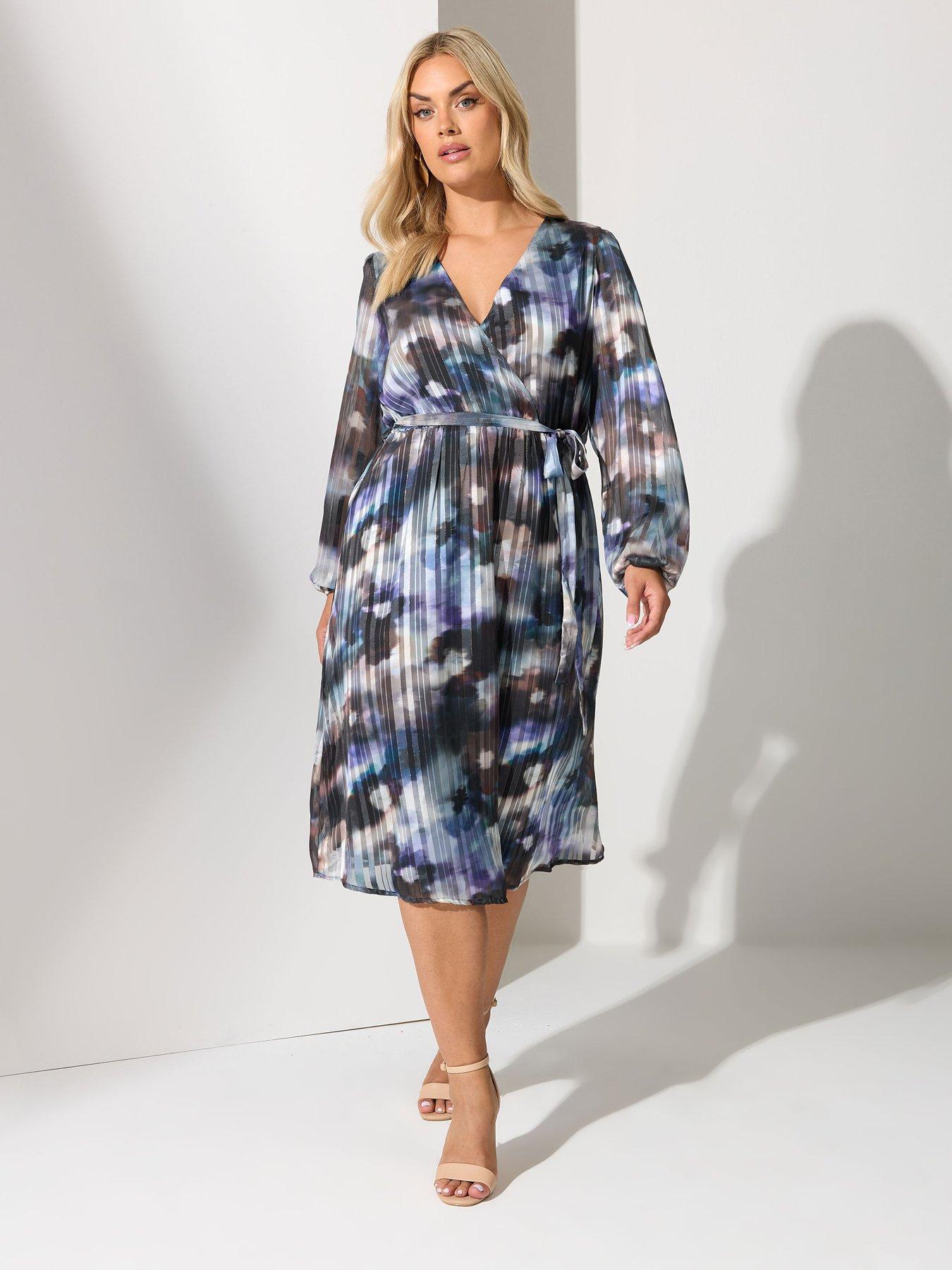 Image 1 of 4 of Yours Curve Satin Metallic Wrap Dress - Blue