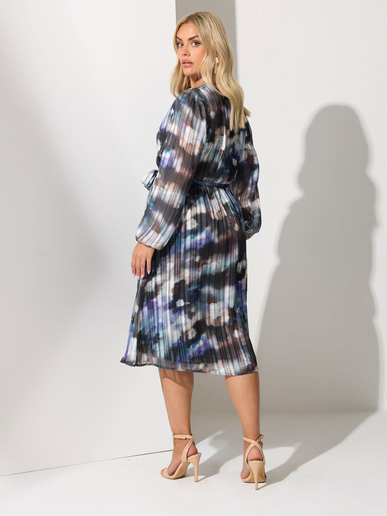 Image 2 of 4 of Yours Curve Satin Metallic Wrap Dress - Blue