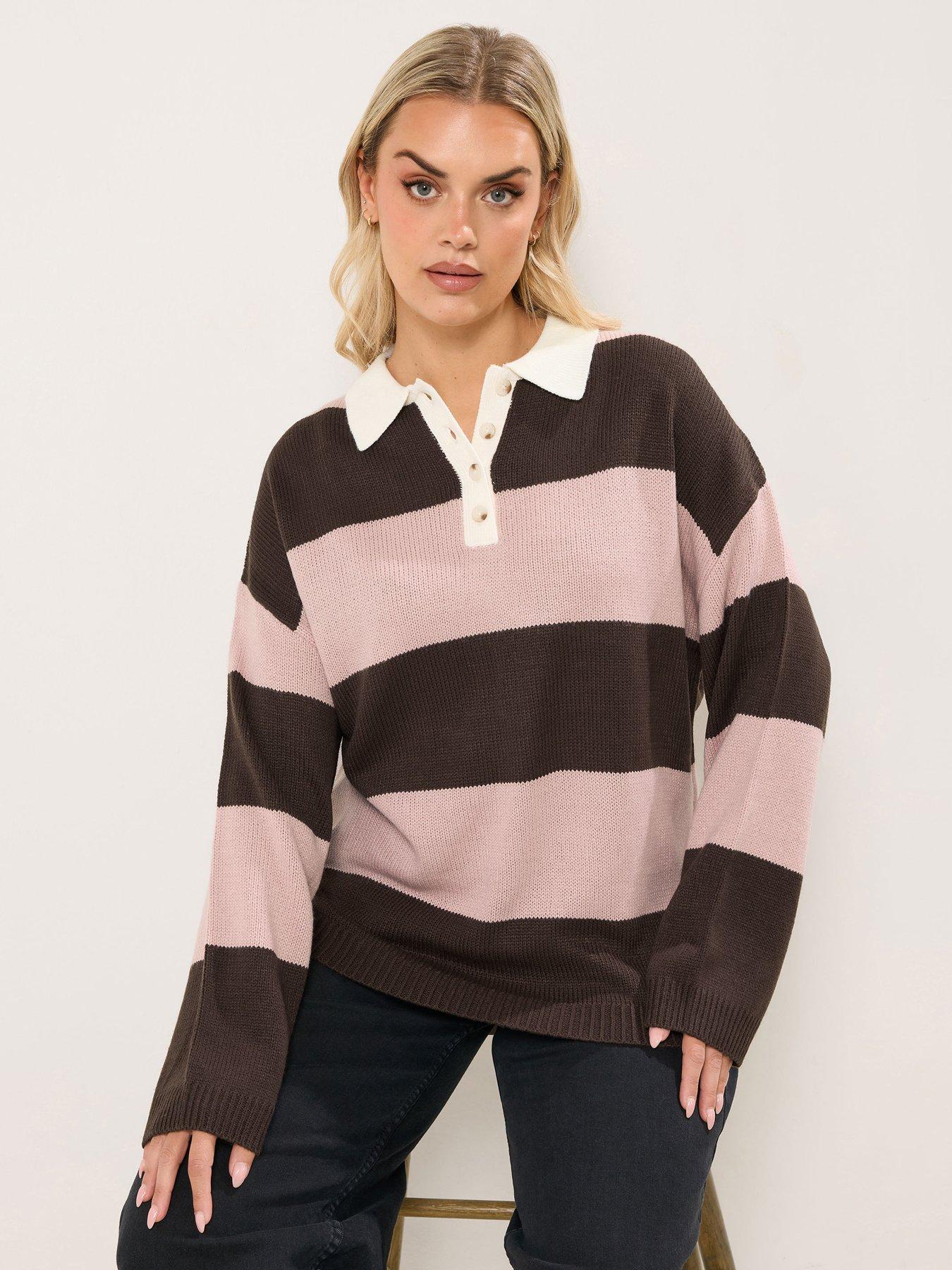 Yours Curve Rugby Collar Stripe Jumper - Brown