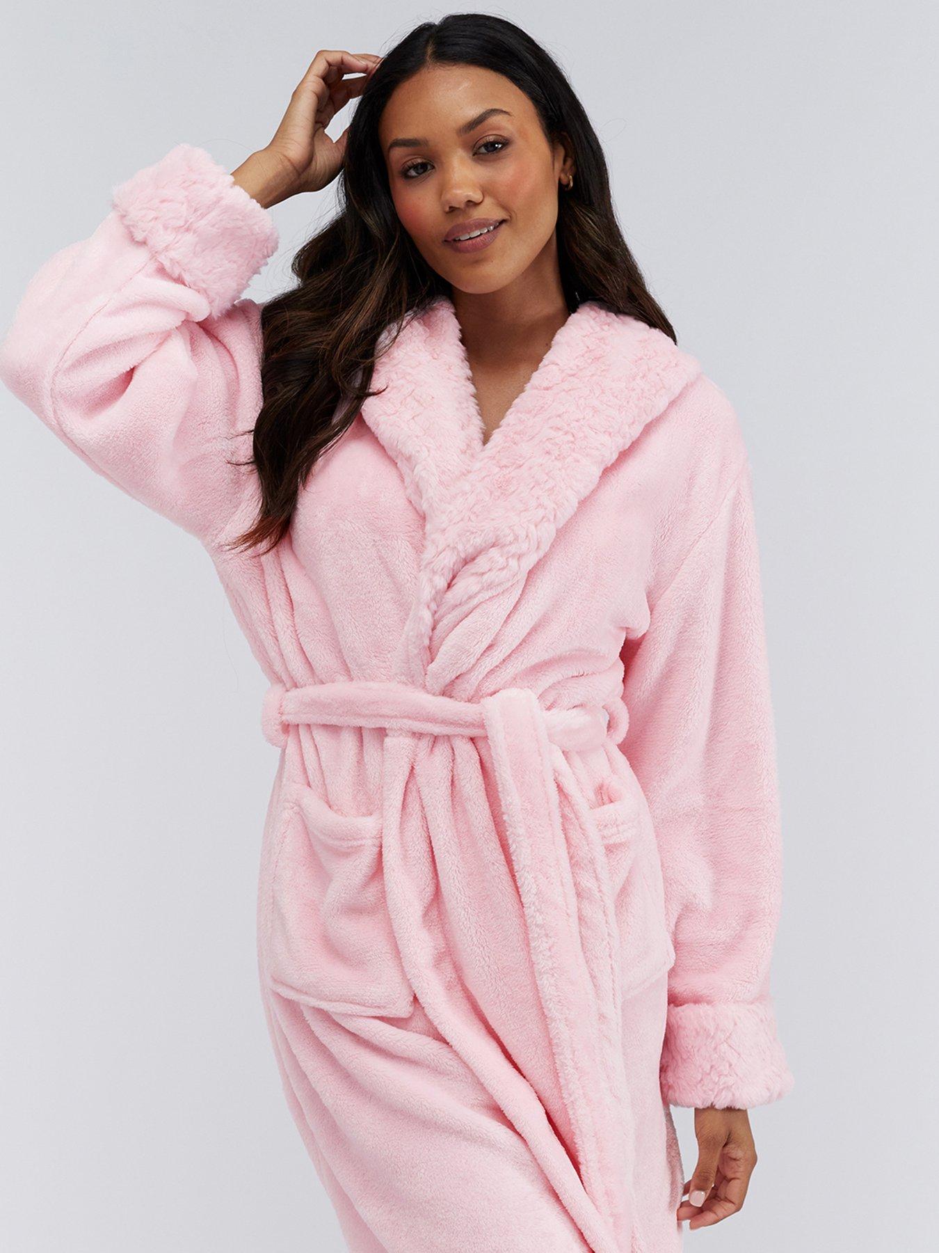  image of boux-avenue-fur-trim-midi-dressing-gown-pink