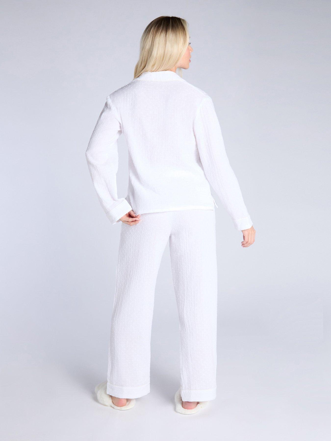 Image 2 of 5 of Boux Avenue Plain Crinkle Dobby Long Sleeve Revere &amp; Pant Set - White