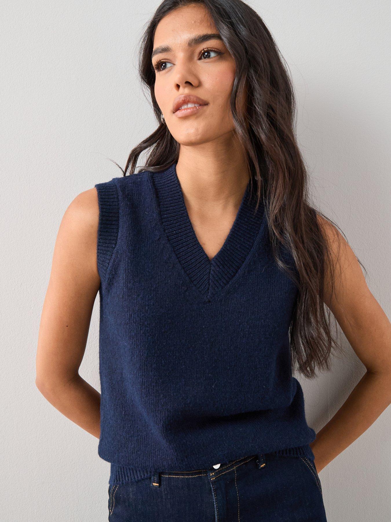 The Very Collection V Neck Knitted Tank With Wool - Navy