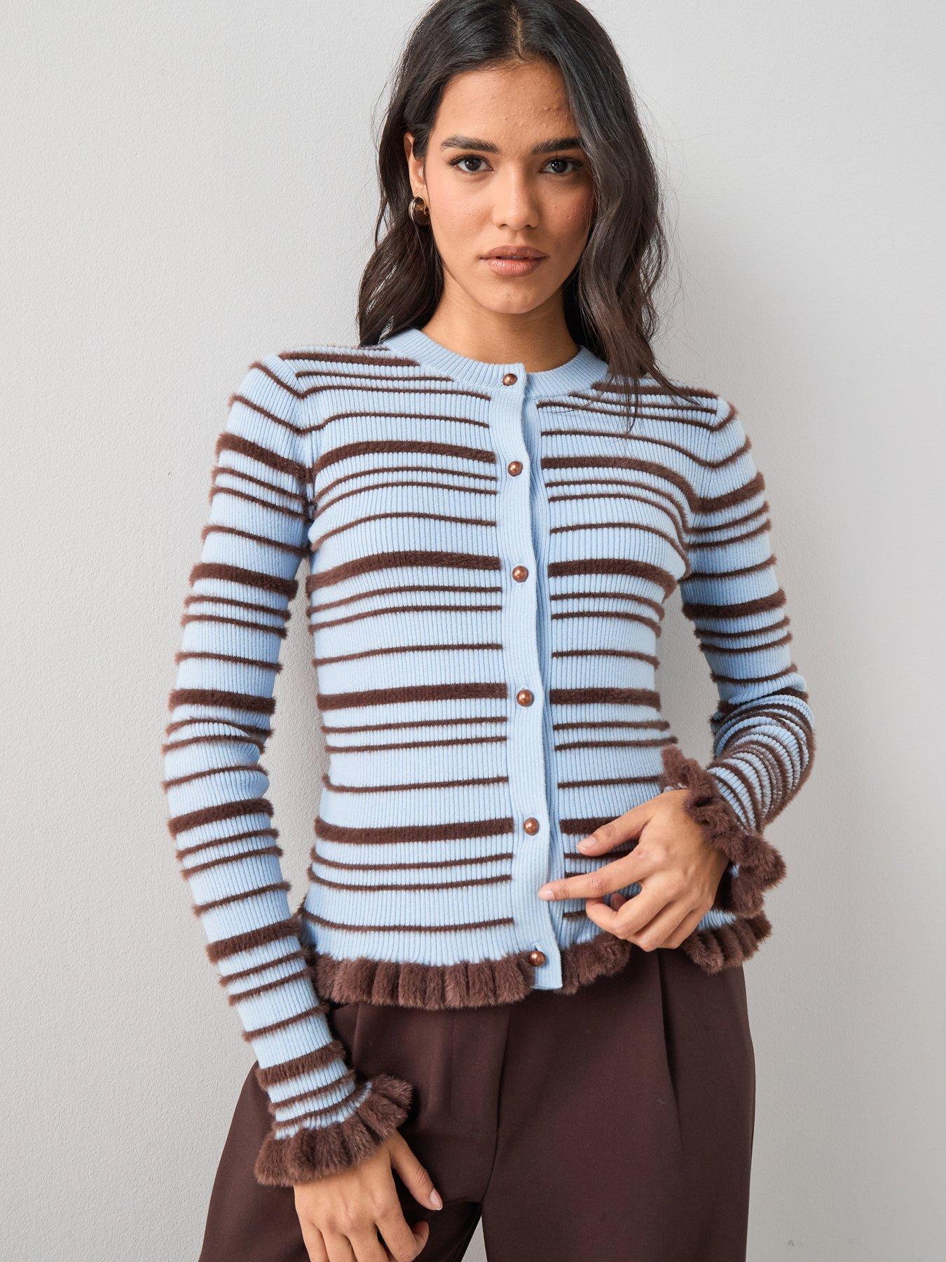 The Very Collection Crew Neck Frill Hem Stripe Knitted Cardigan - Blue