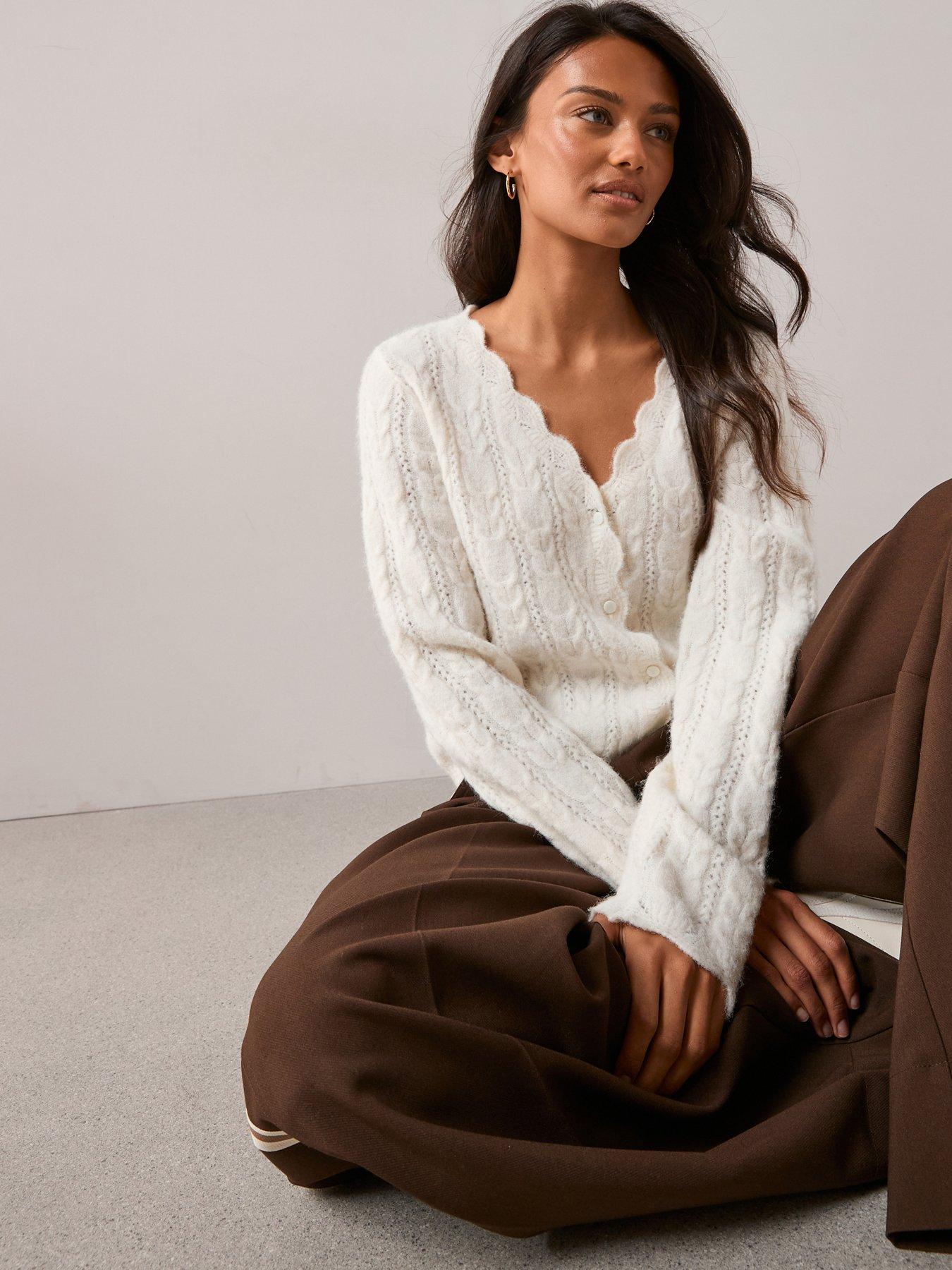 The Very Collection V Neck Pointelle Cardigan With Wool - Cream
