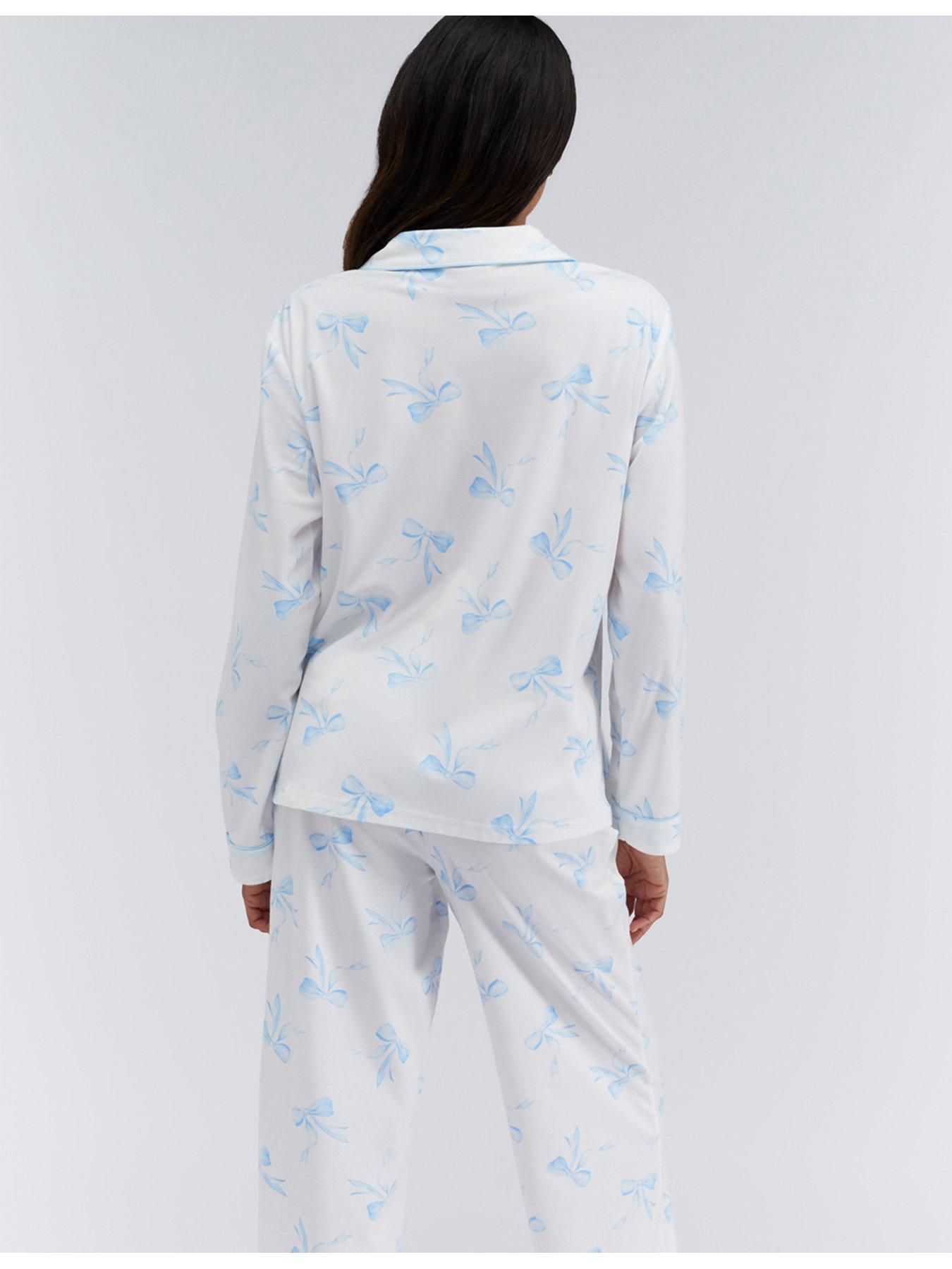  image of boux-avenue-ladies-bow-print-pyjama-in-a-bag-white-amp-blue-print