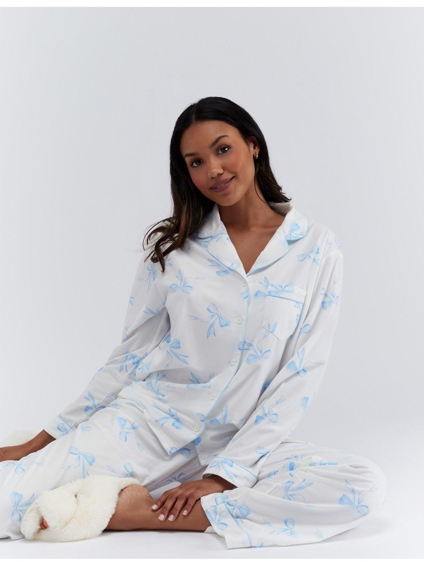 image of boux-avenue-ladies-bow-print-pyjama-in-a-bag-white-amp-blue-print