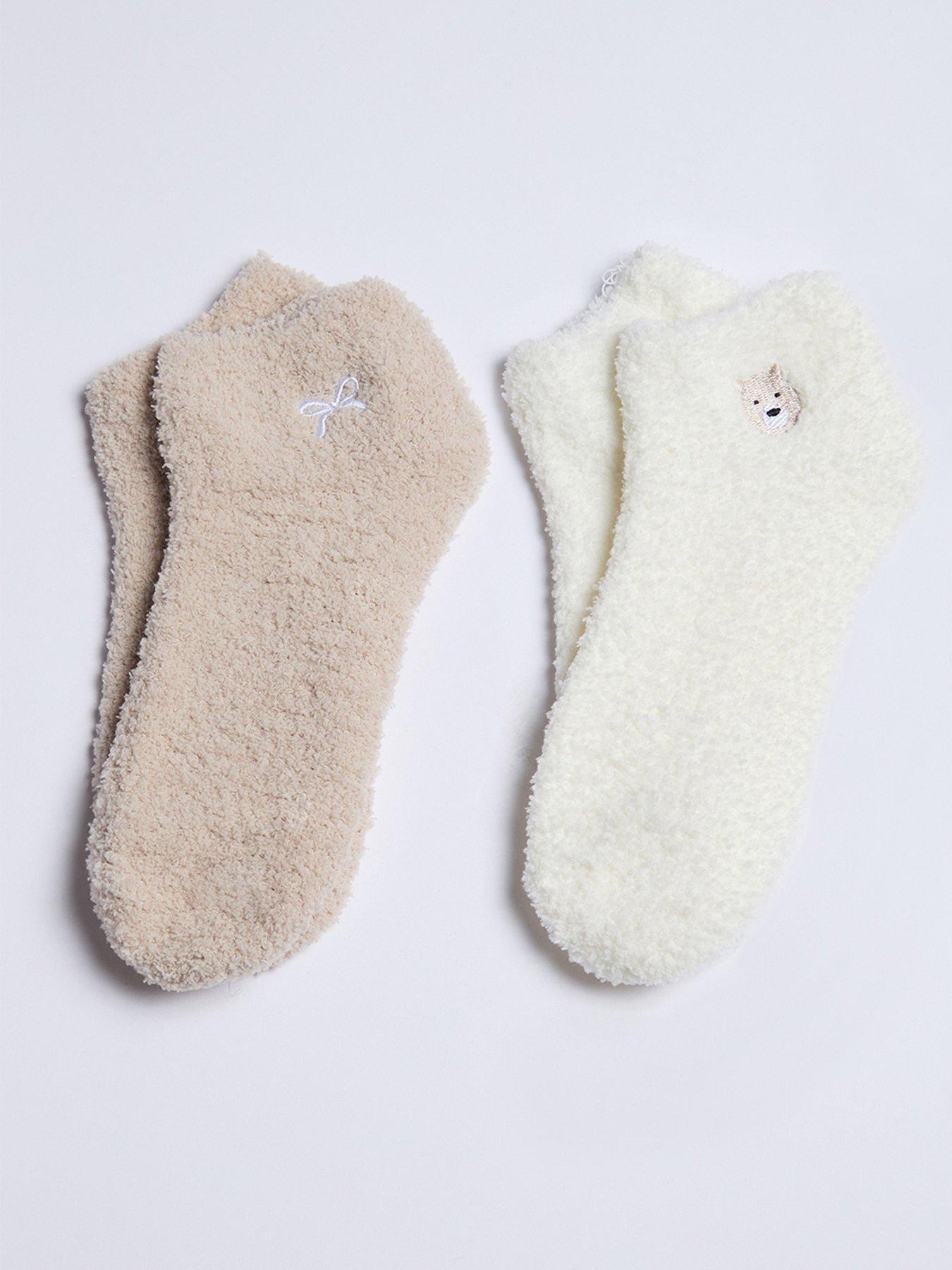 Image 1 of 4 of Boux Avenue Bear &amp; Bow Pack of 2 Cosy Trainer Socks - Neutral Mix