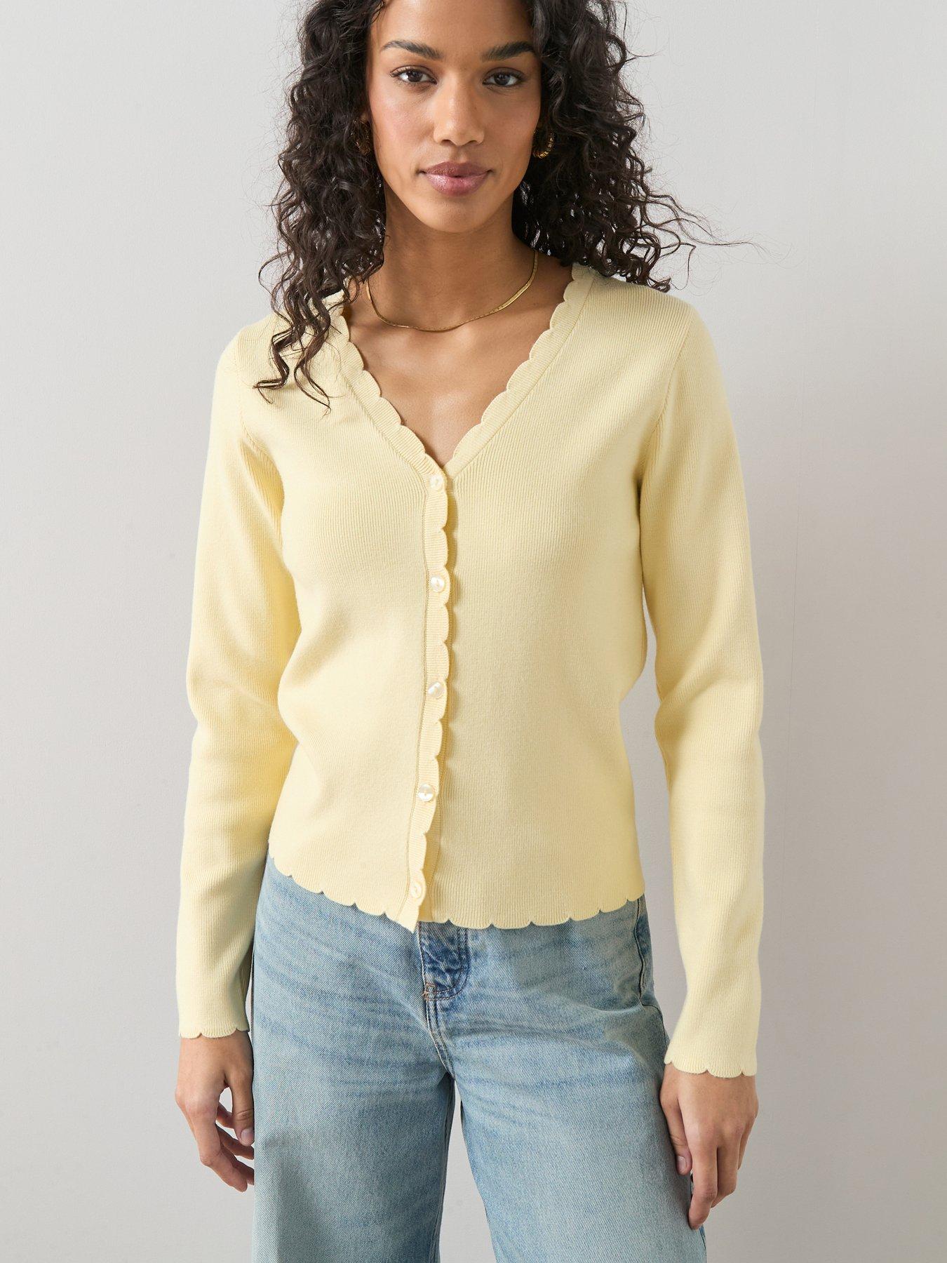 image of the-very-collection-classic-comfort-scalloped-edge-knitted-cardigan-yellow