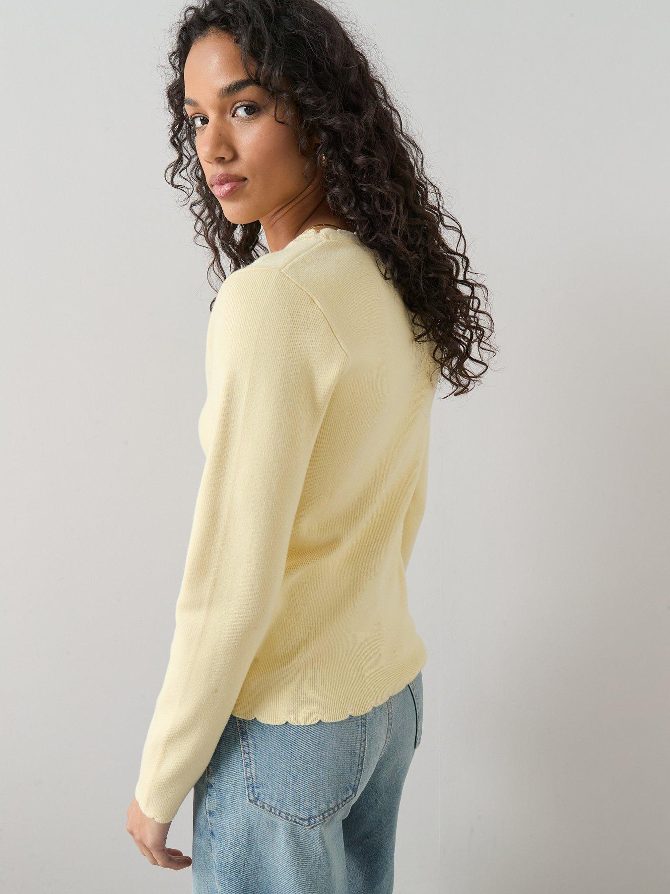  image of the-very-collection-classic-comfort-scalloped-edge-knitted-cardigan-yellow