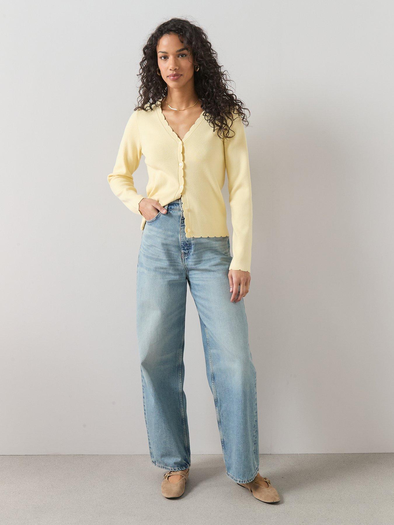  image of the-very-collection-classic-comfort-scalloped-edge-knitted-cardigan-yellow
