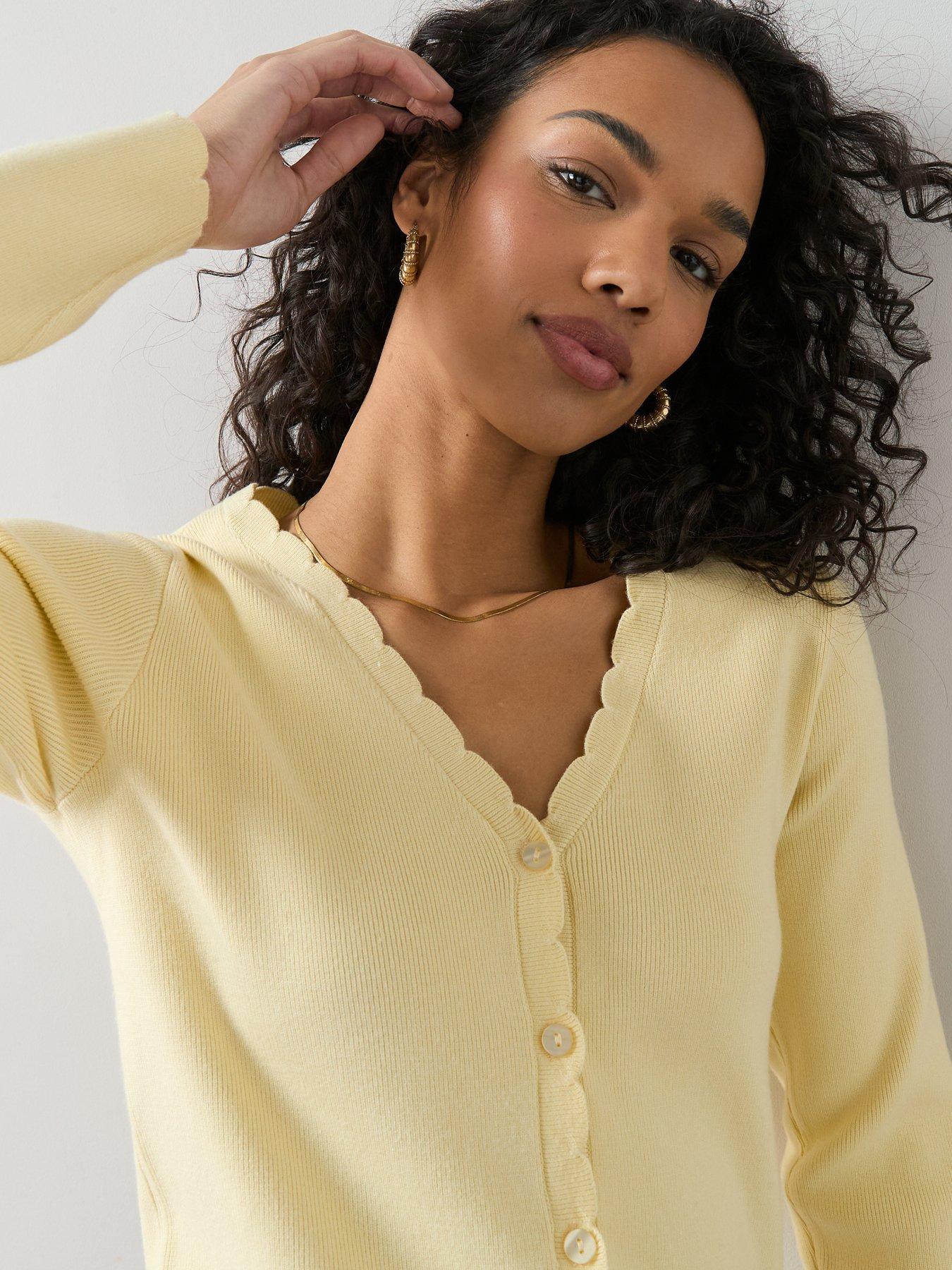  image of the-very-collection-classic-comfort-scalloped-edge-knitted-cardigan-yellow