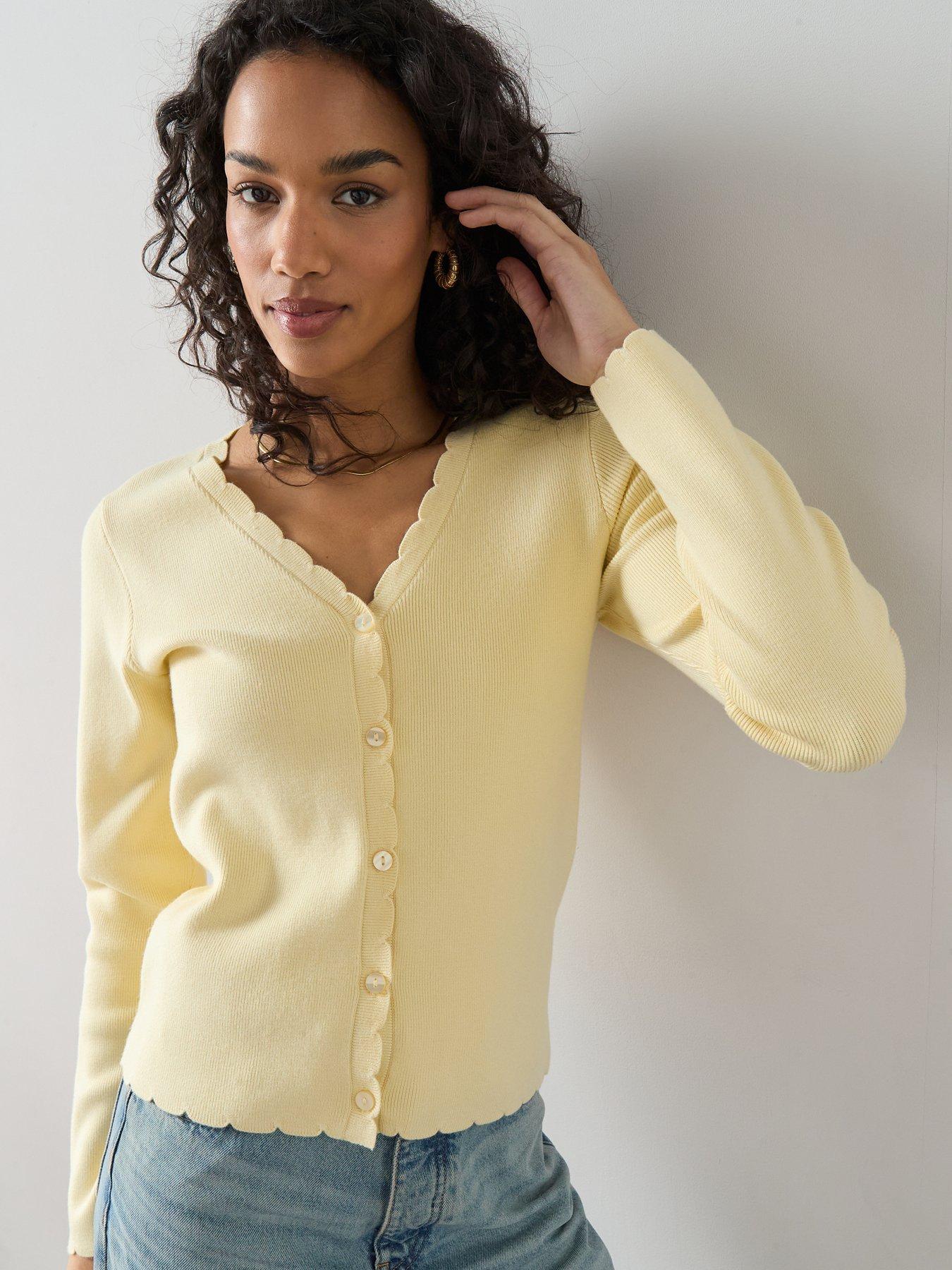  image of the-very-collection-classic-comfort-scalloped-edge-knitted-cardigan-yellow