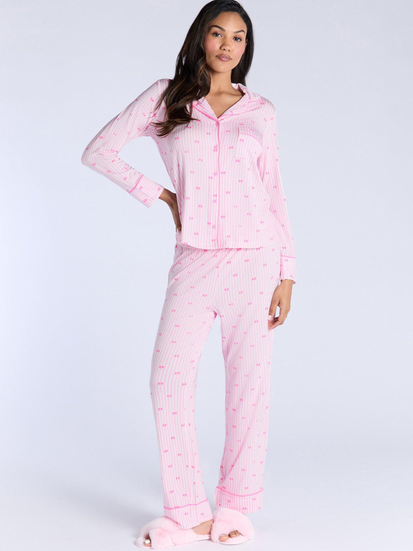 Image 1 of 5 of Boux Avenue Stripe Long Sleeve Revere &amp; Pant Set - Pink Mix