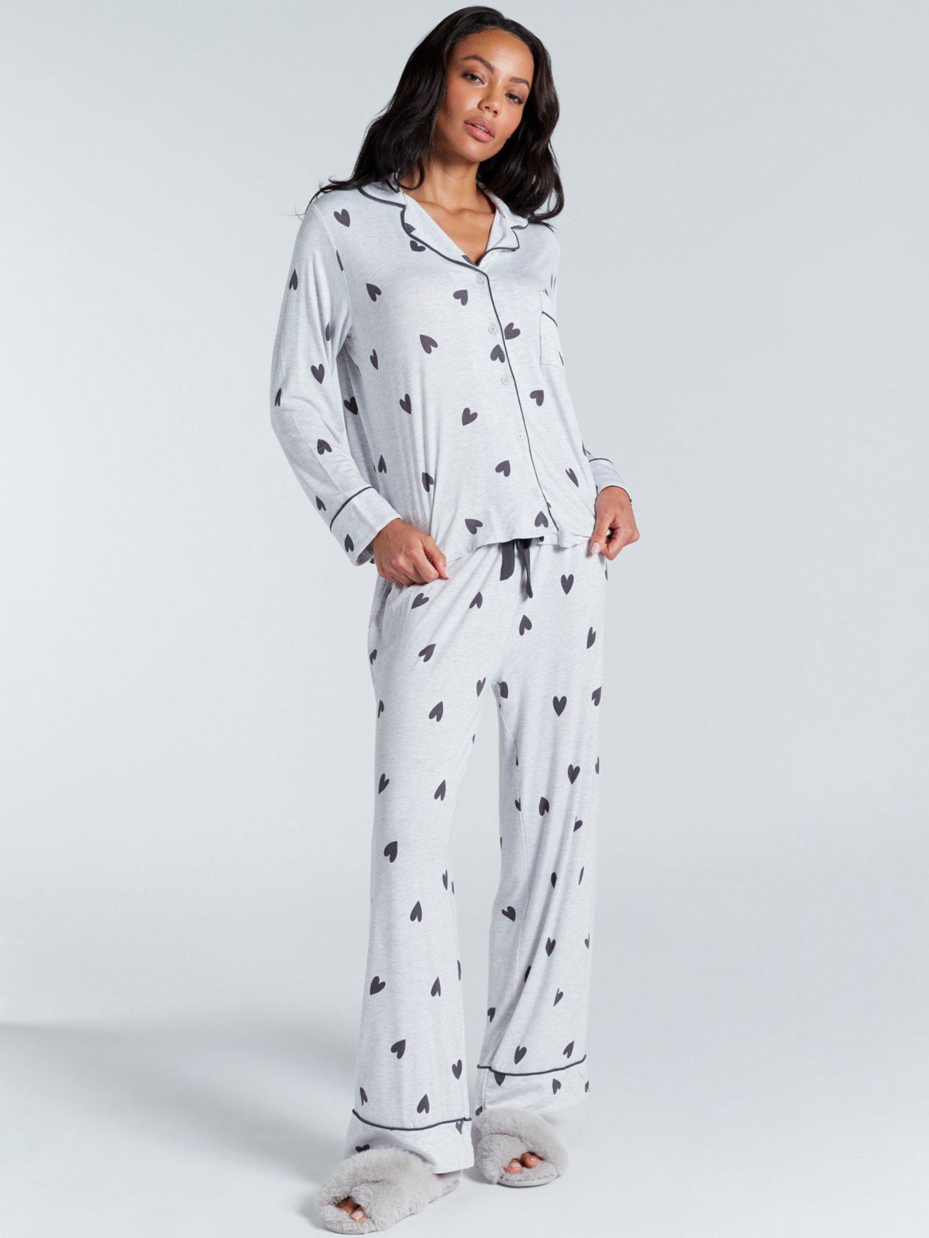 Image 1 of 5 of Boux Avenue Grey Heart Long Sleeve Revere &amp; Pant Set - Grey Marl Mix