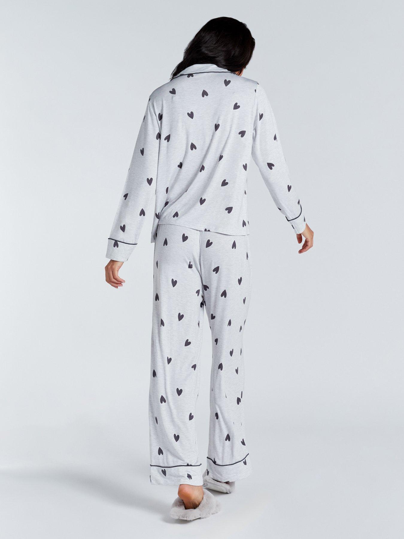 Image 2 of 5 of Boux Avenue Grey Heart Long Sleeve Revere &amp; Pant Set - Grey Marl Mix