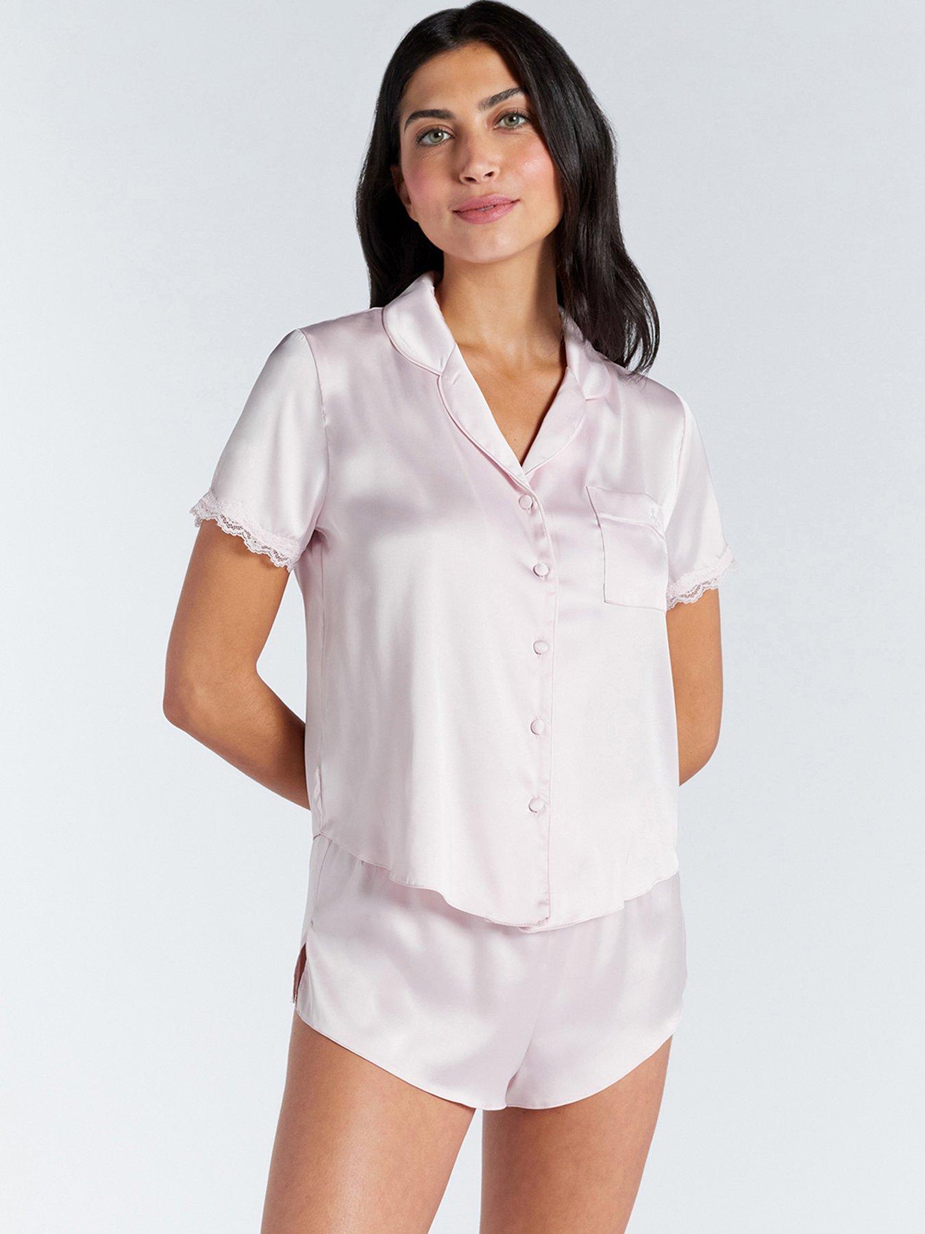 Image 1 of 5 of Boux Avenue Kaya Satin Short Sleeve Revere Set - Pink