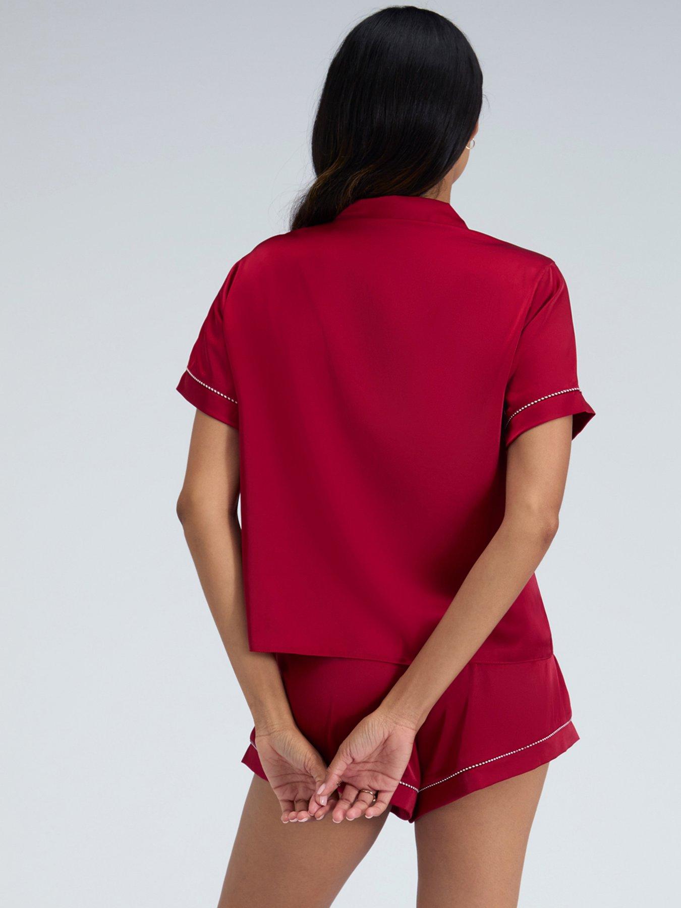  image of boux-avenue-luxe-satin-short-sleeve-revere-amp-short-set-dark-red