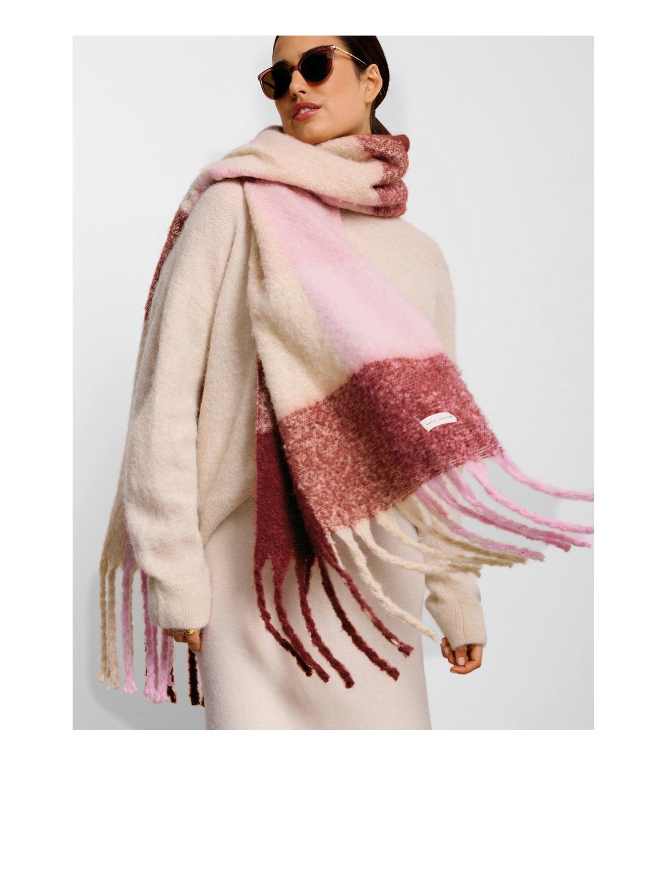 Image 1 of 4 of Katie Loxton Oversized Checked Tassel Scarf  -  Pink Burgundy Cream