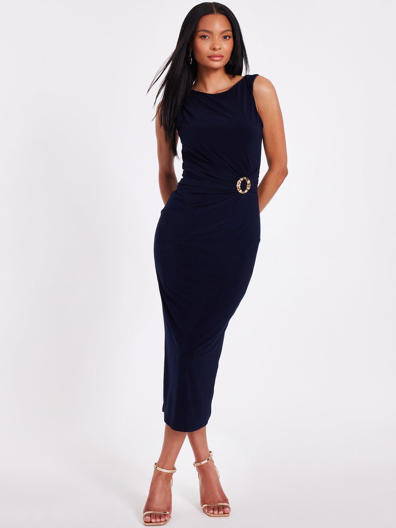 undefined Navy Buckle Detail Midi Dress