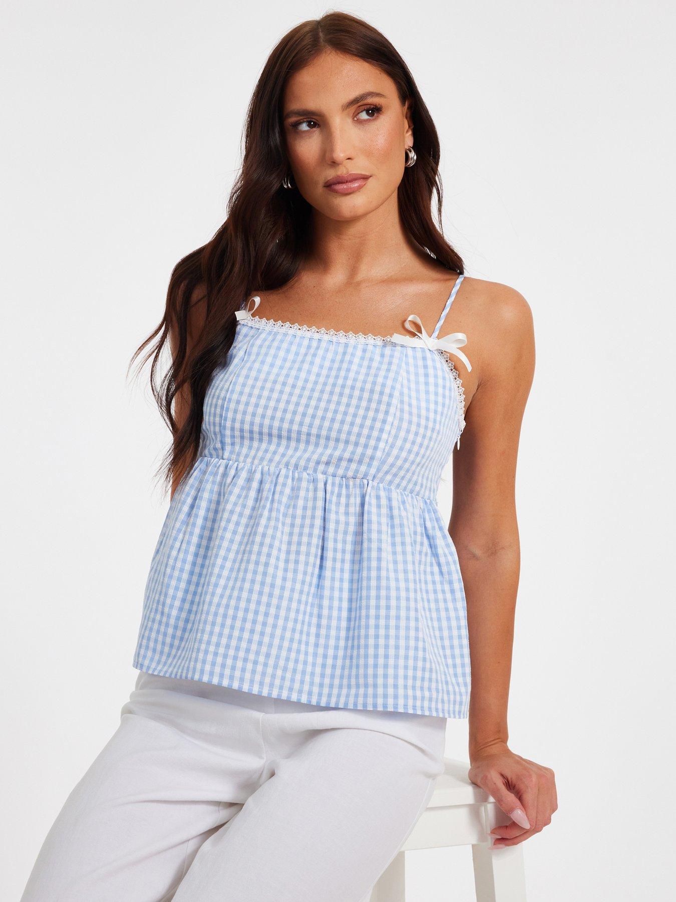 undefined Blue Gingham Strappy Peplum Top