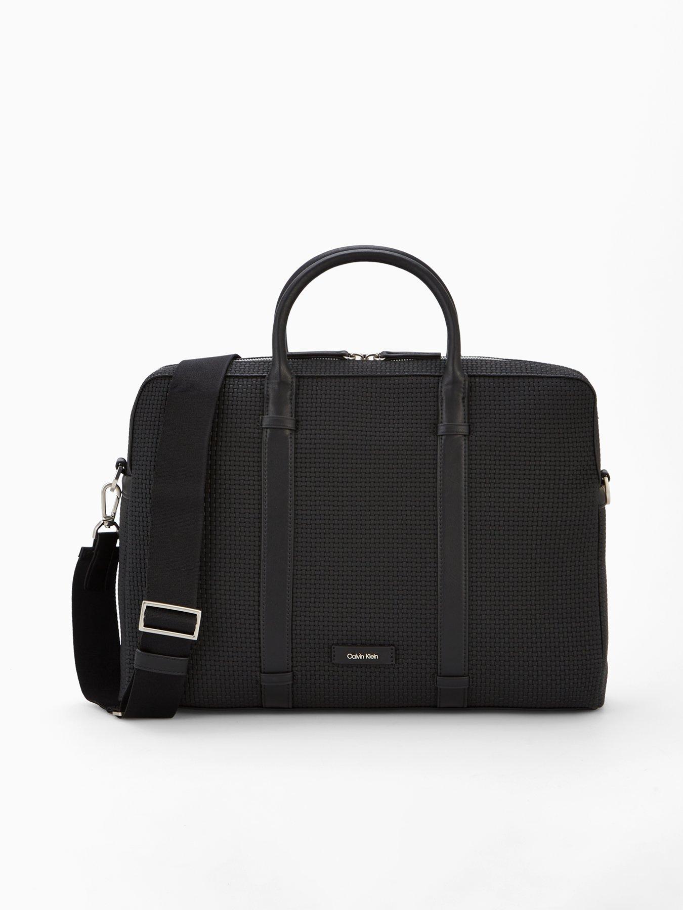 front image of calvin-klein-embossed-woven-laptop-bag-black