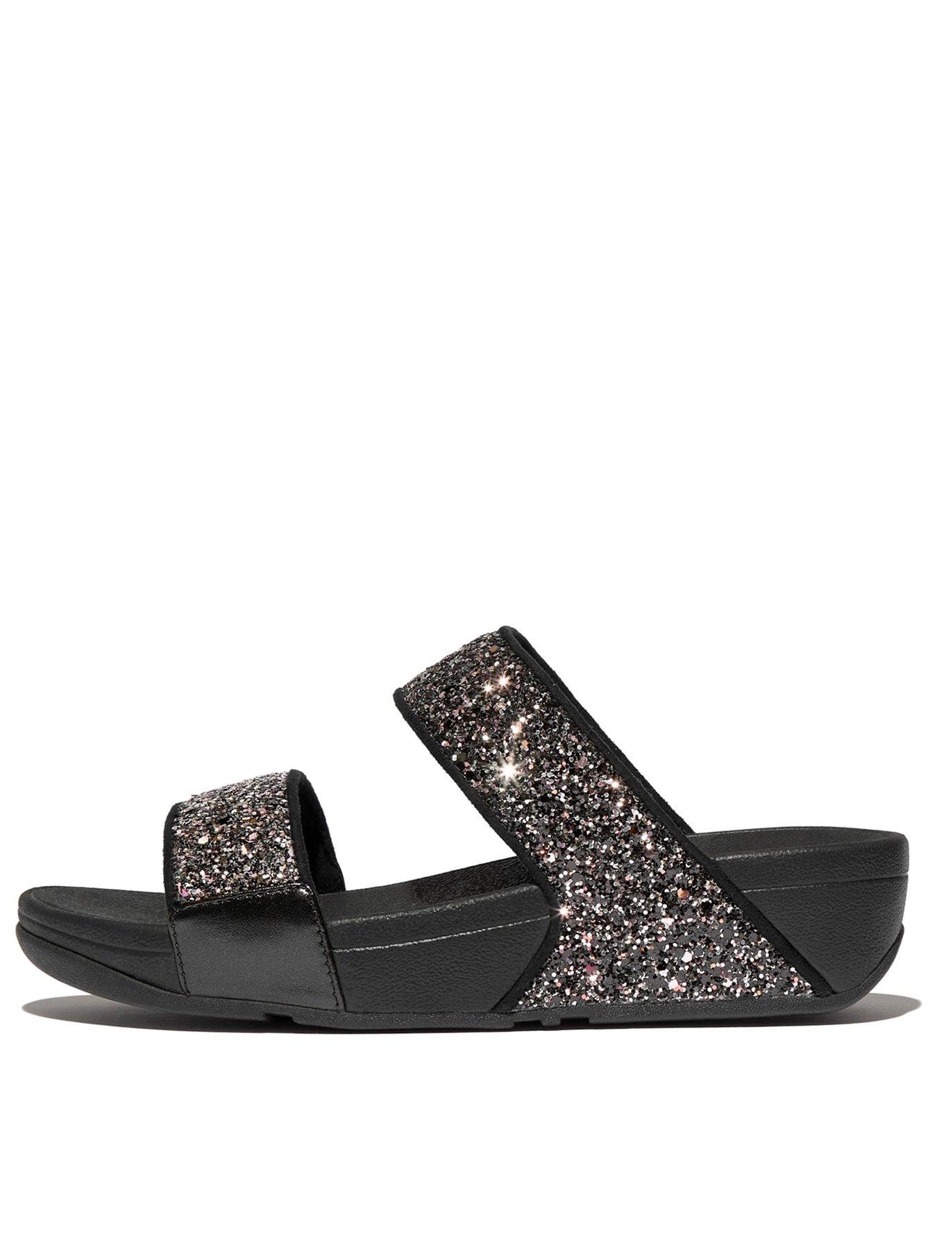 FitFlop Lulu 2 Bar Slide Glitter Slides - Black