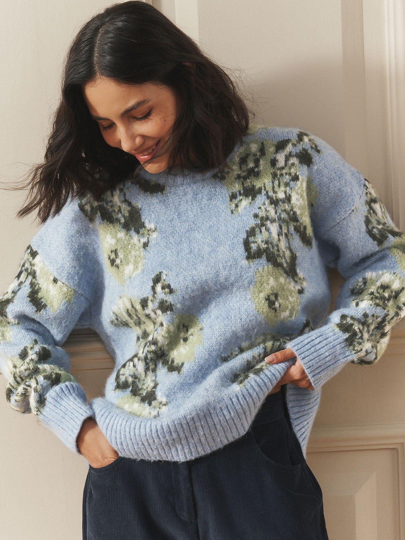 Laura Ashley Blurred Floral Jacquard Oversized Crew Knit Jumper - Blue