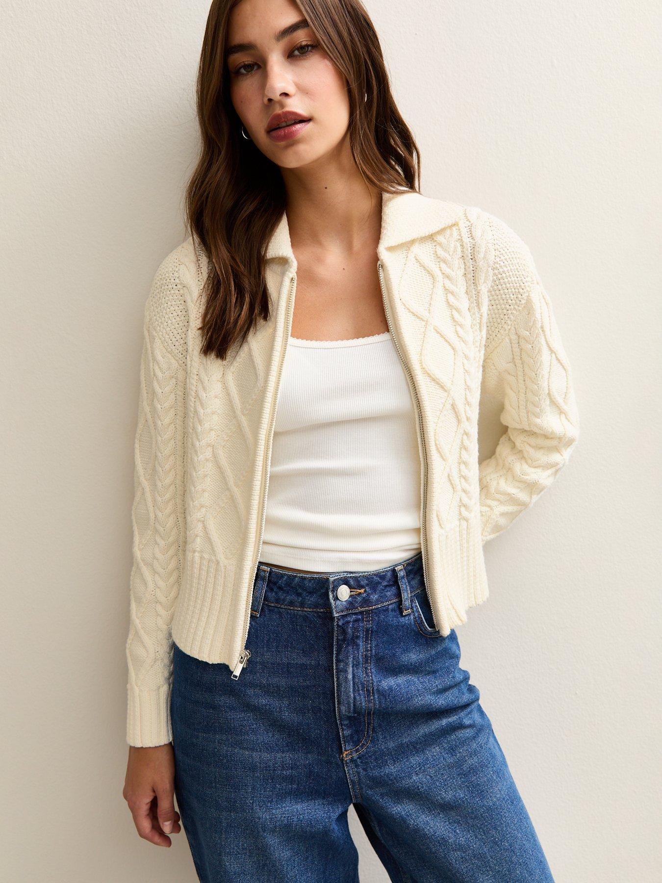 undefined Cable Knit Collared Zip Through Cardigan - Cream