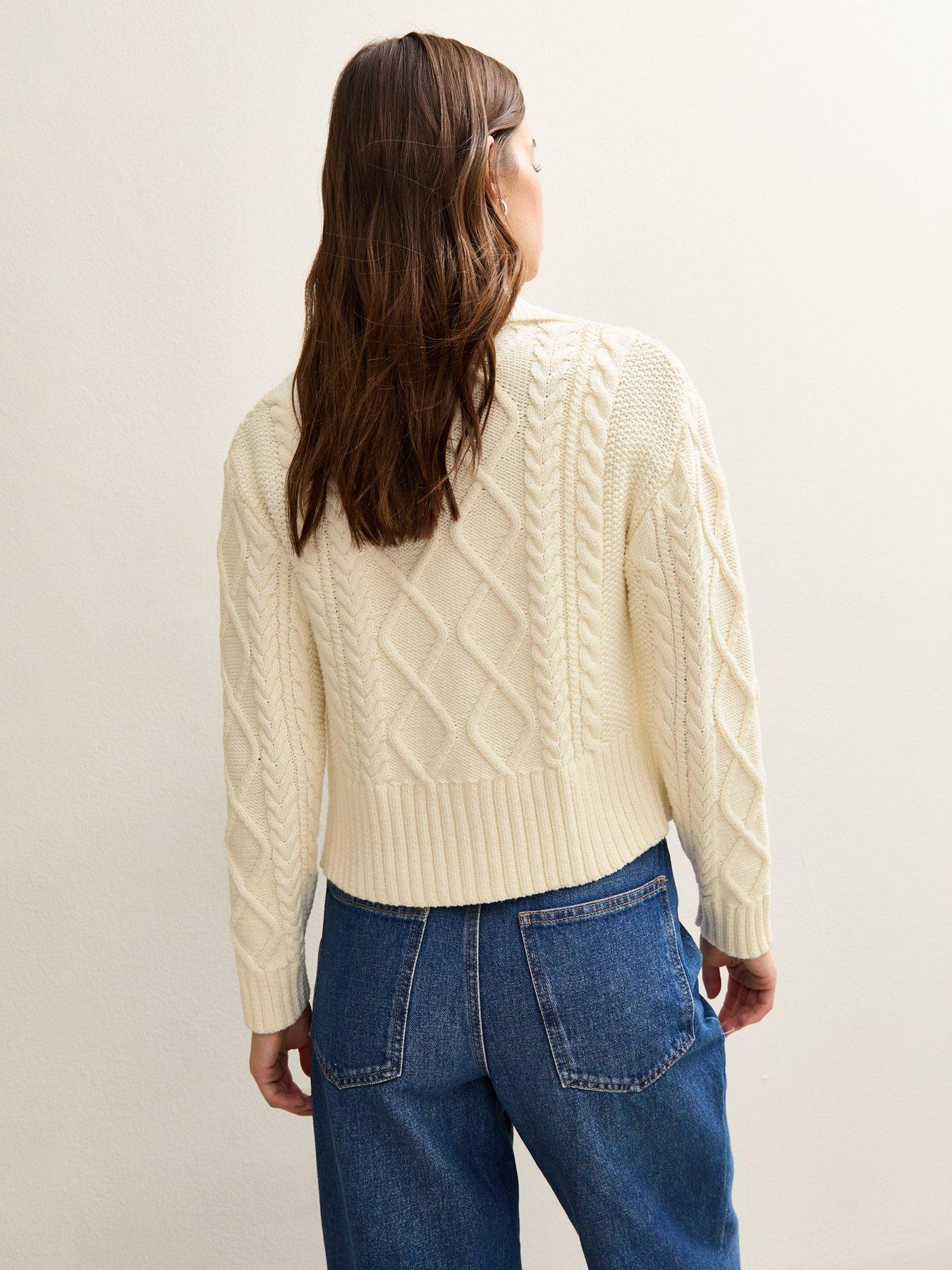 Image 2 of 5 of New Look Cable Knit Collared Zip Through Cardigan - Cream
