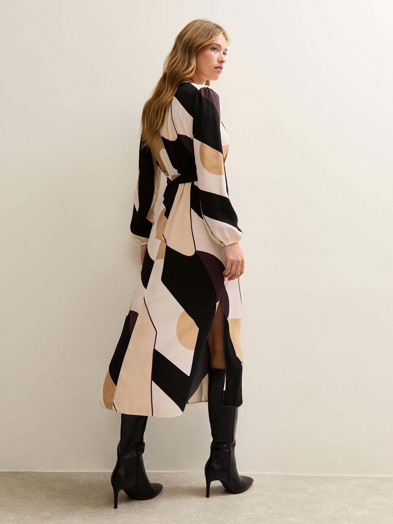 Image 2 of 5 of New Look Geometric Print Wrap Midi Dress - Brown
