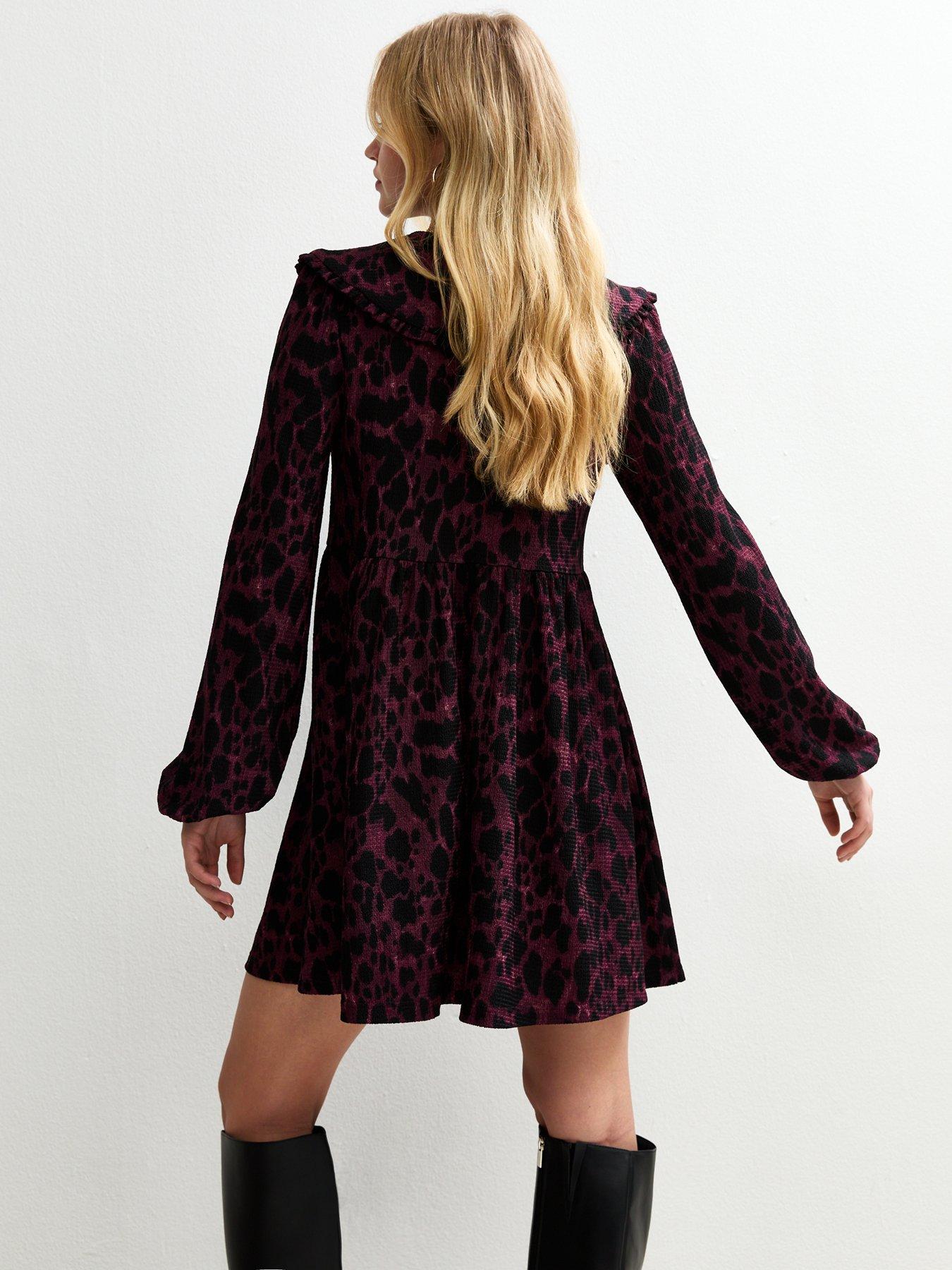  image of new-look-dark-red-animal-print-oversized-collar-mini-dress