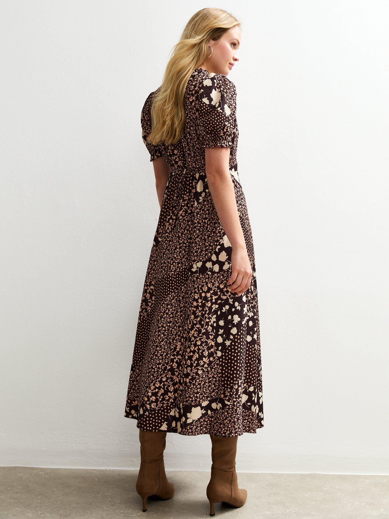 Image 2 of 4 of New Look Floral Patchwork Midi Dress - Brown
