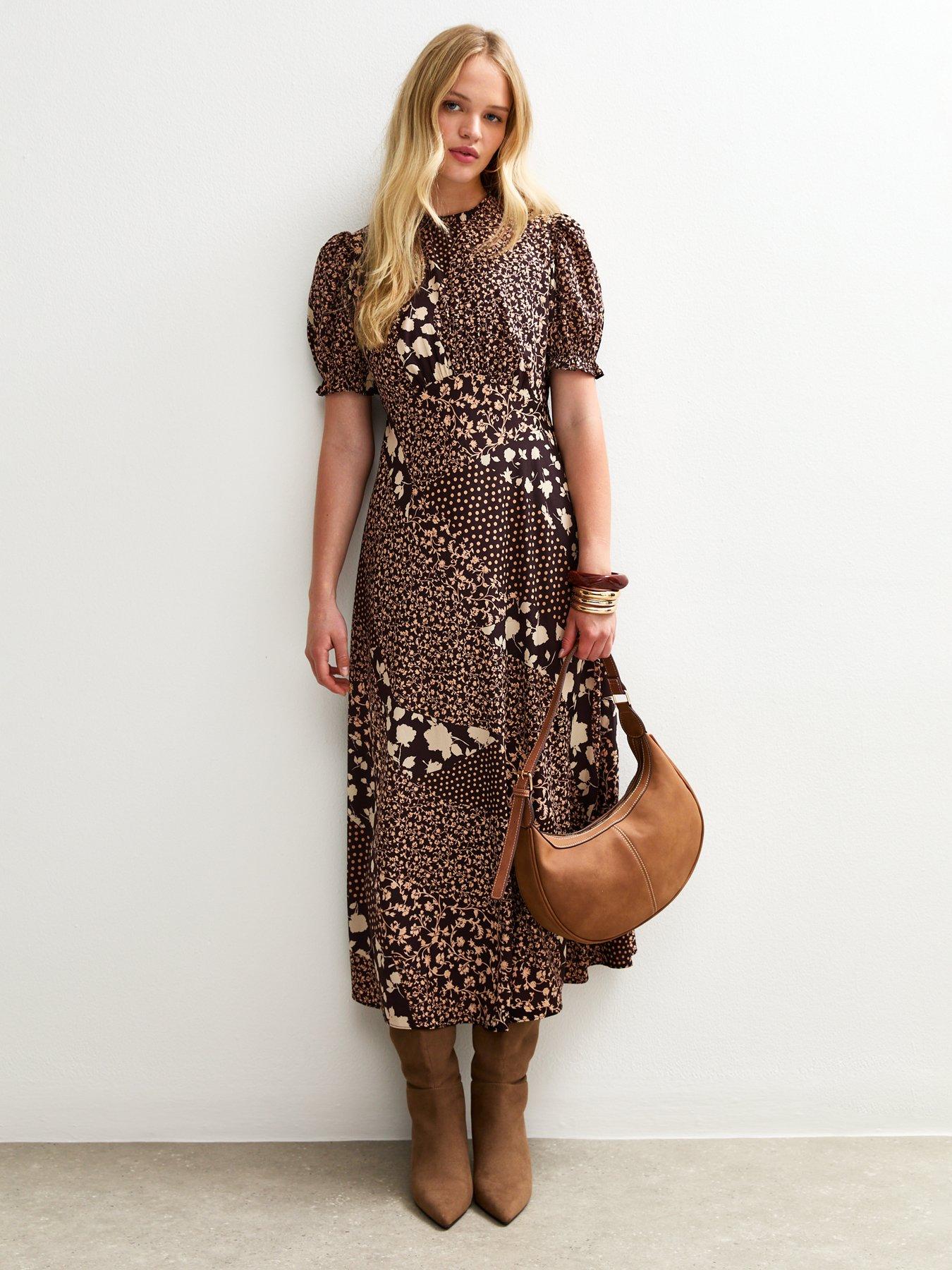 Image 3 of 4 of New Look Floral Patchwork Midi Dress - Brown