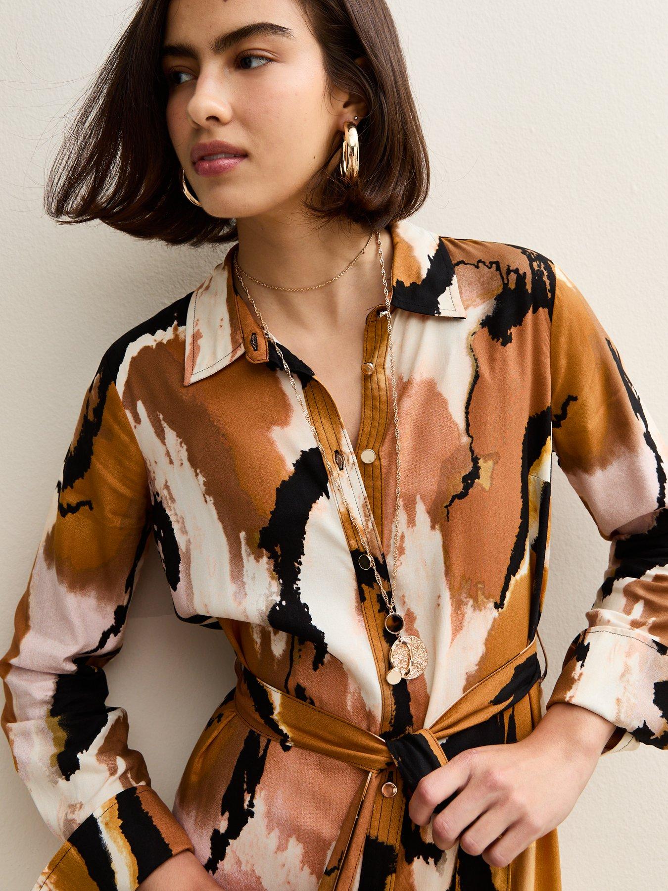 Image 4 of 4 of New Look Pattern Print Midi Shirt Dress - Brown