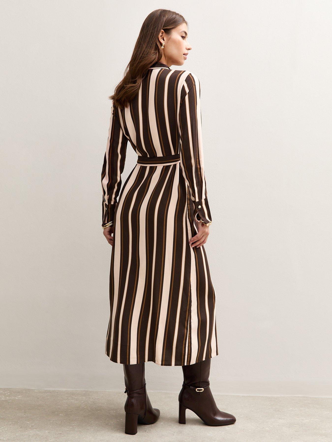 Image 2 of 5 of New Look Stripe Midi Shirt Dress &nbsp;- Brown