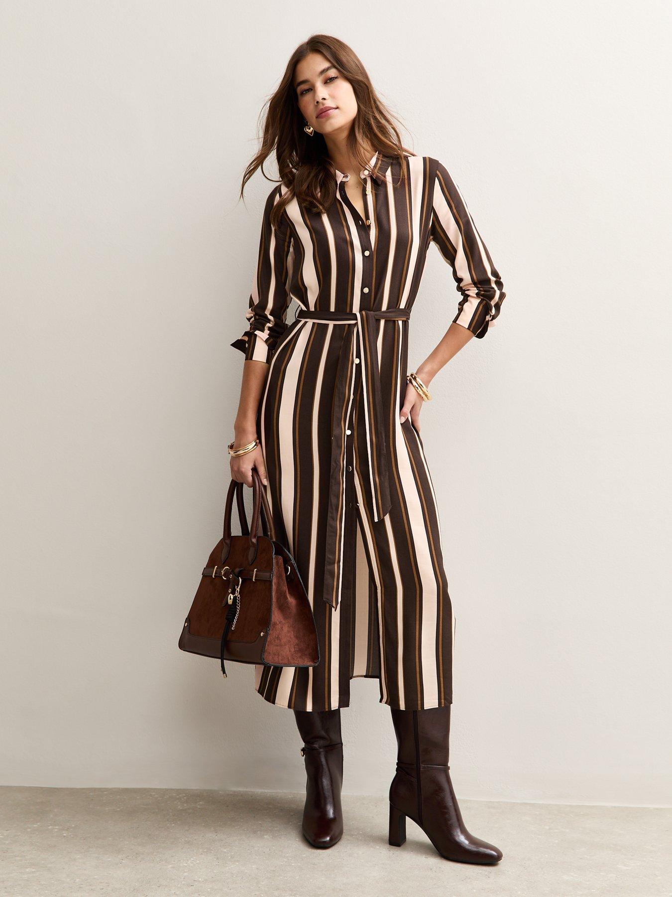 Image 3 of 5 of New Look Stripe Midi Shirt Dress &nbsp;- Brown