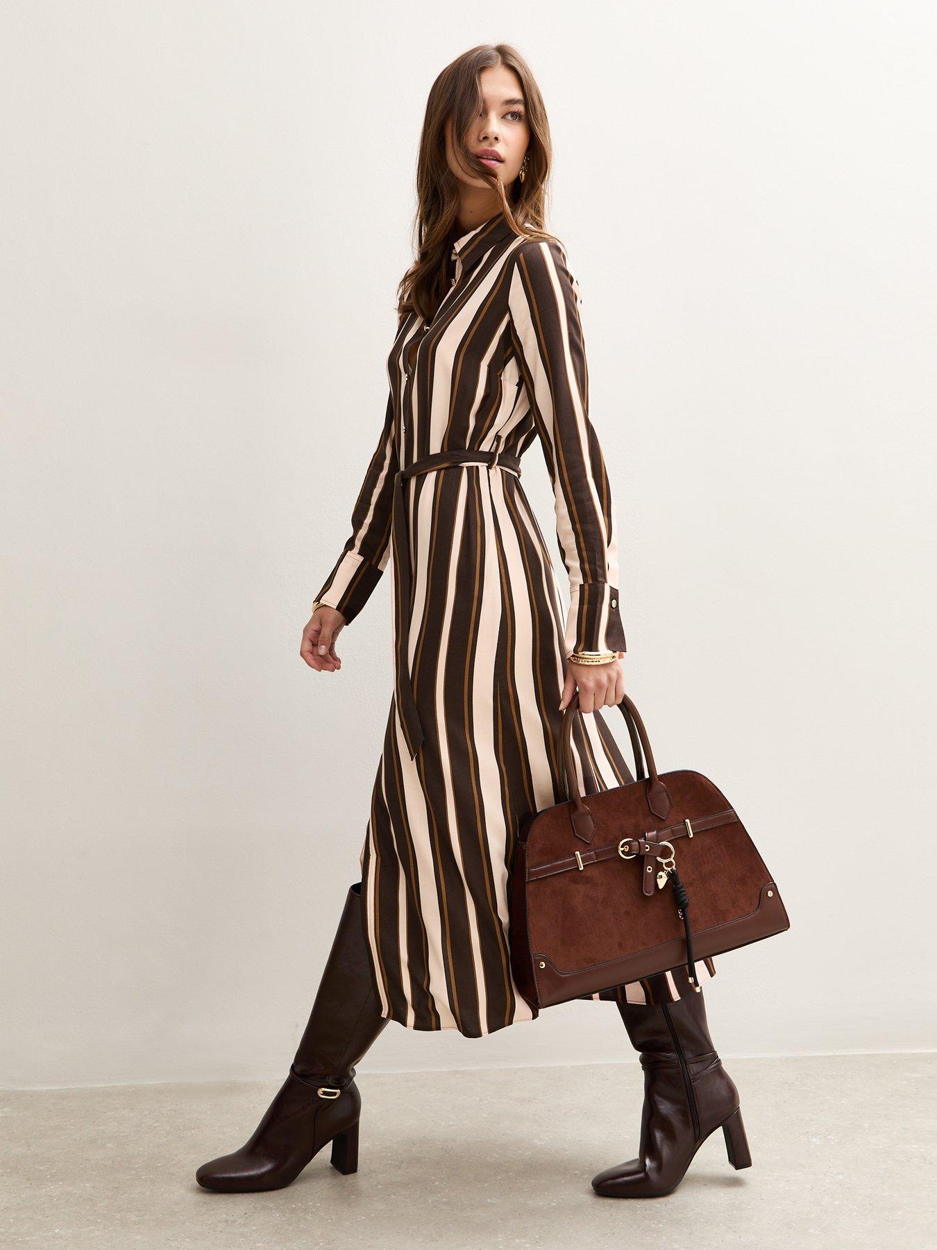Image 4 of 5 of New Look Stripe Midi Shirt Dress &nbsp;- Brown