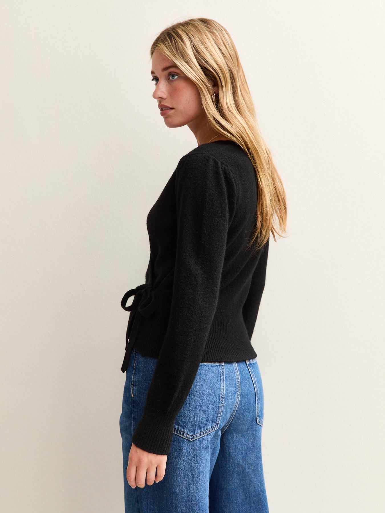 Image 2 of 5 of New Look Puff Sleeve Wrap Jumper - Black
