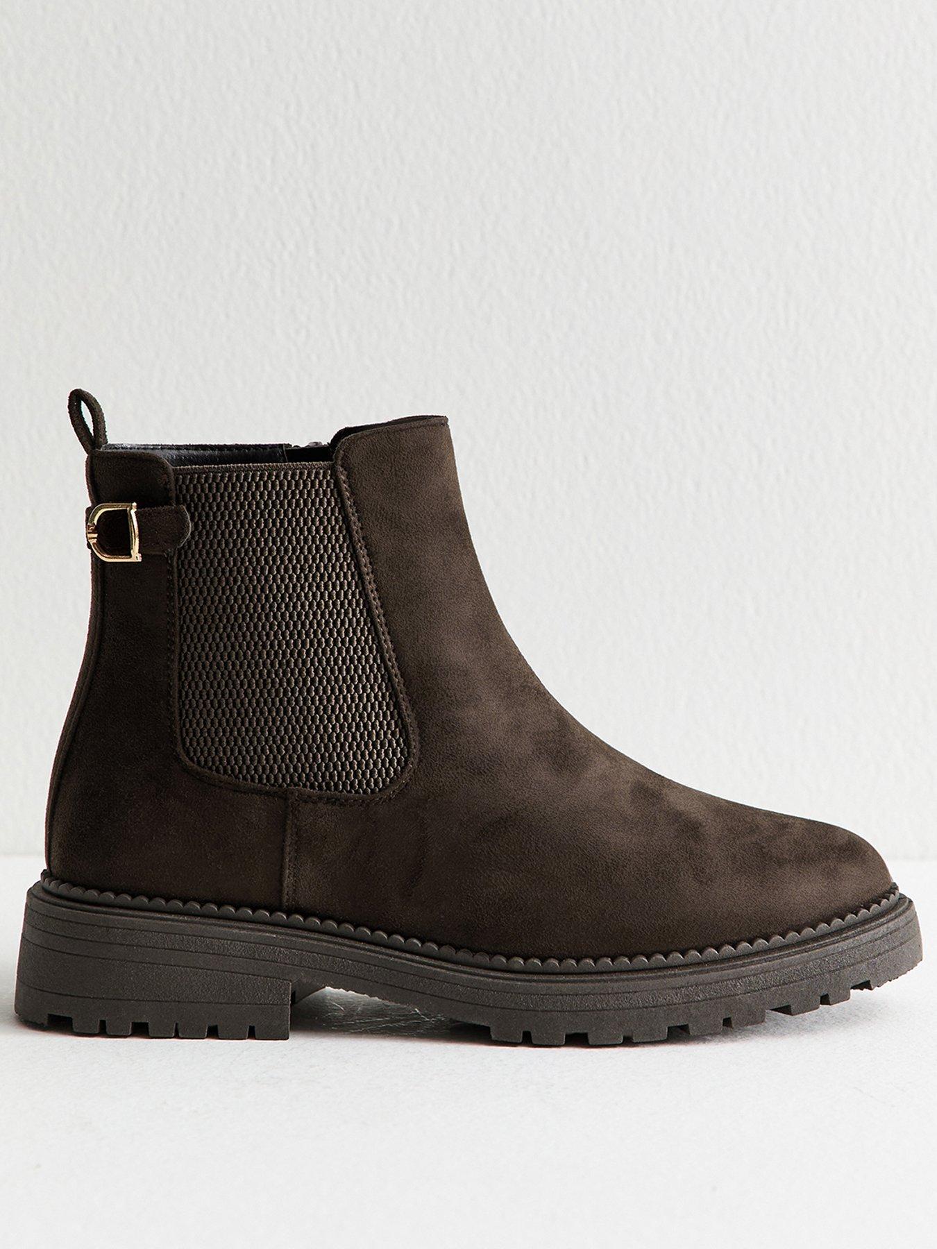 Image 1 of 5 of New Look Wide Fit Brown Faux Suede Chunky Chelsea Boots