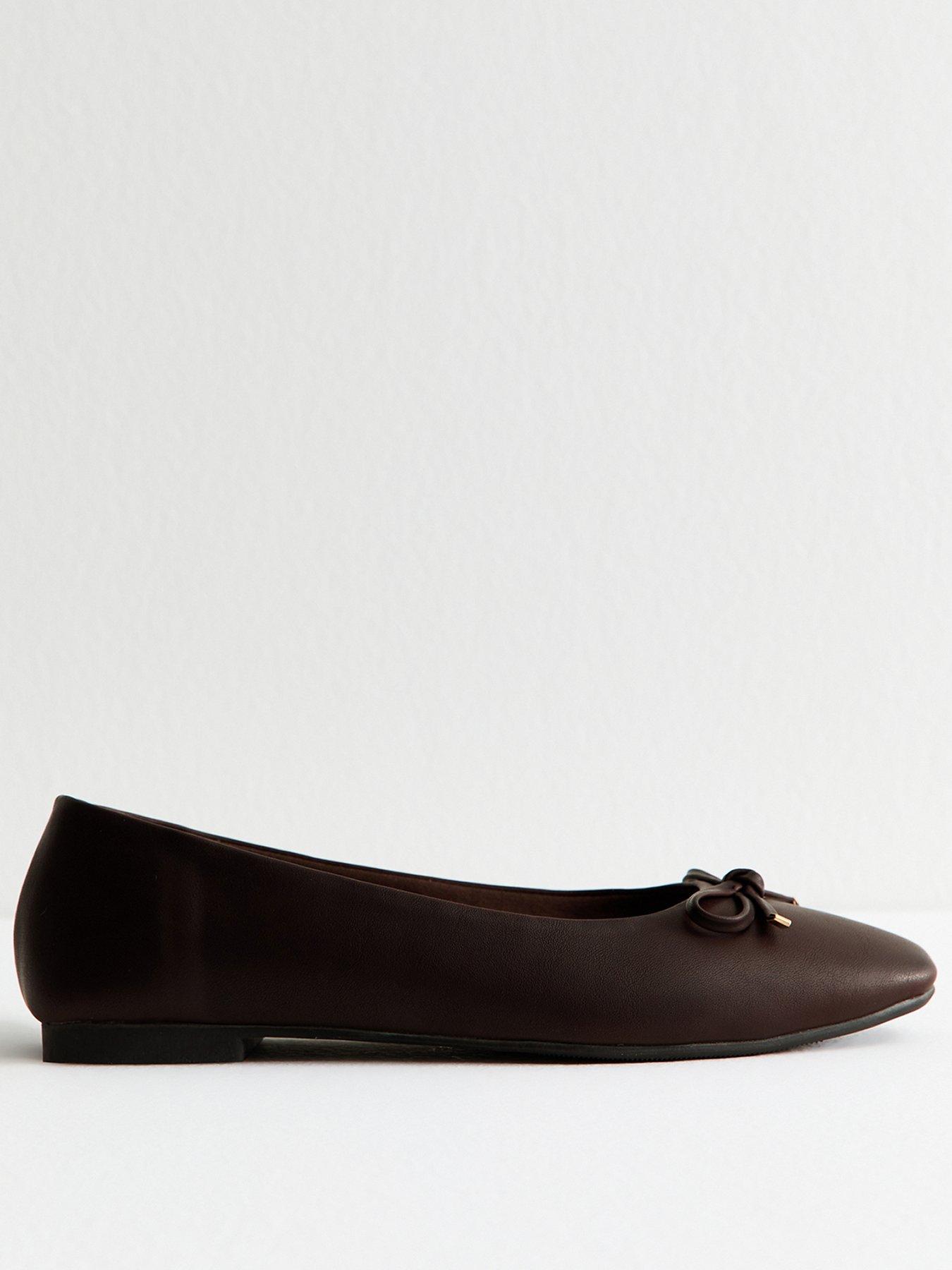 Image 1 of 5 of New Look Brown Faux Leather Square Toe Ballerina Flats