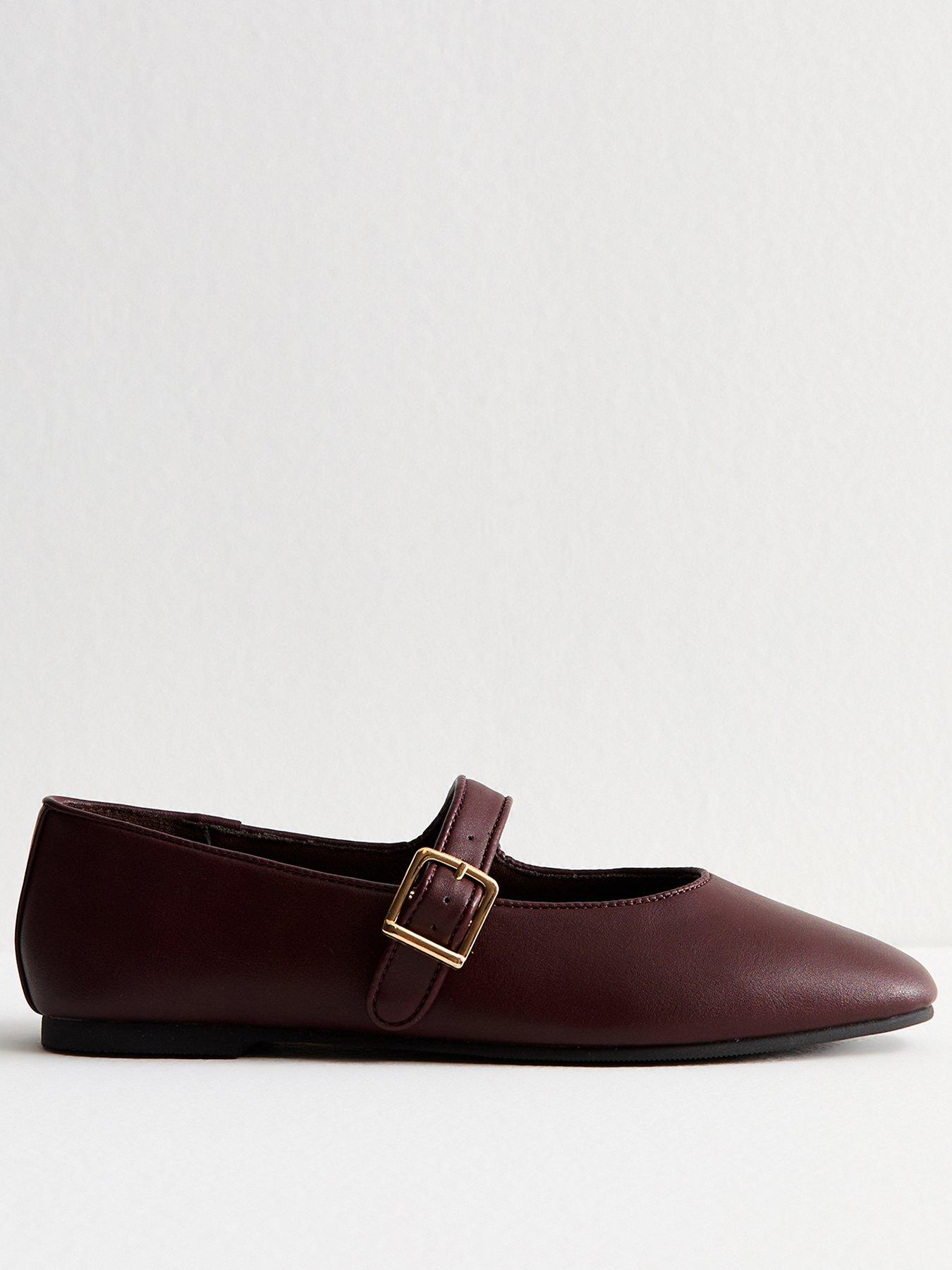 Image 1 of 5 of New Look Dark Burgundy Faux Leather High Vamp Mary Janes Ballerina Flats