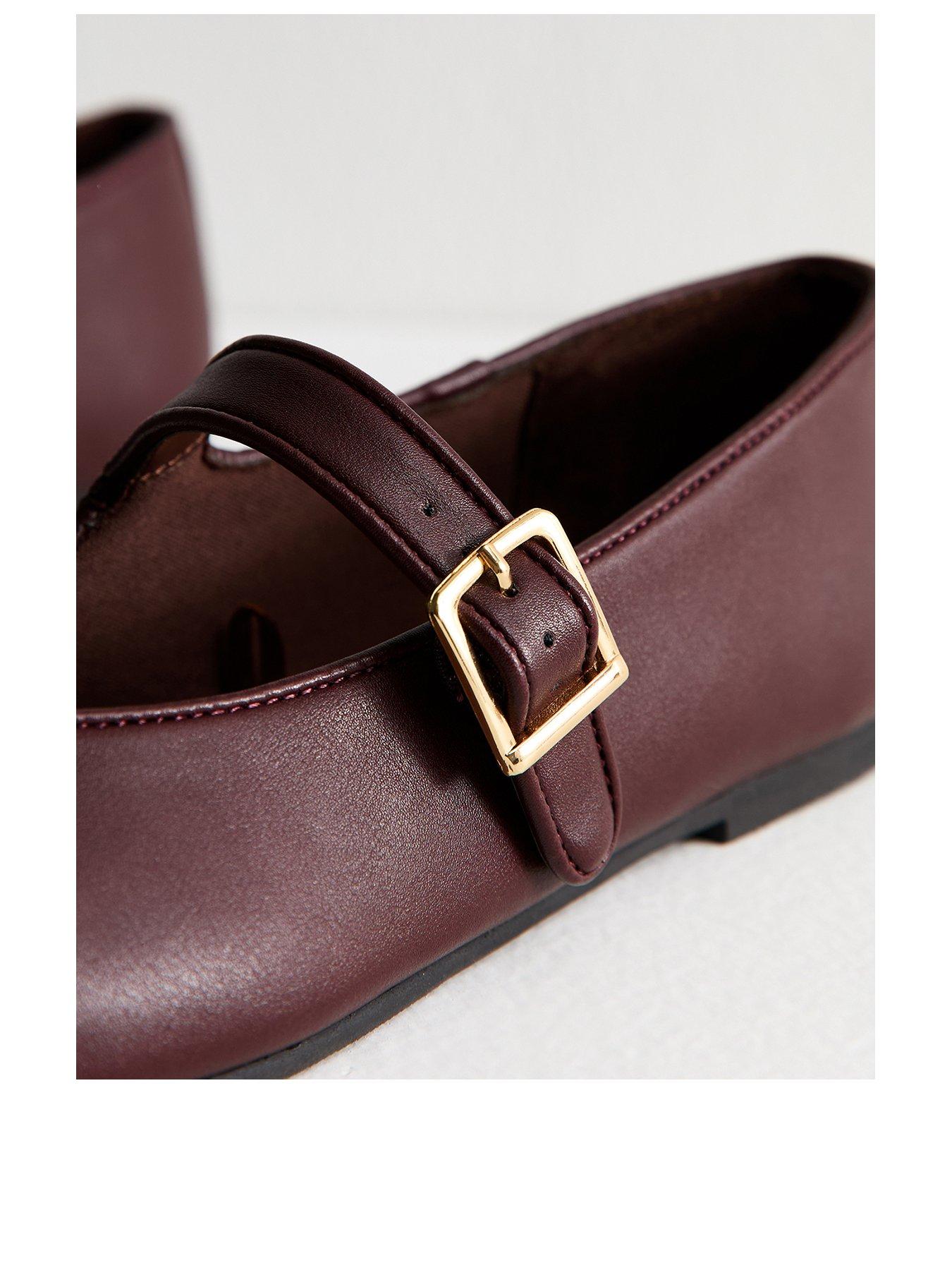 Image 2 of 5 of New Look Dark Burgundy Faux Leather High Vamp Mary Janes Ballerina Flats