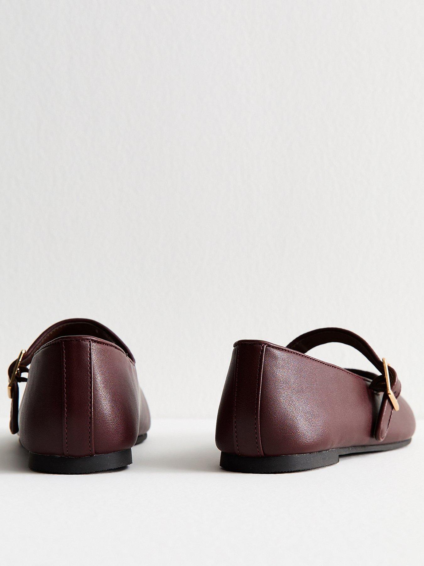 Image 3 of 5 of New Look Dark Burgundy Faux Leather High Vamp Mary Janes Ballerina Flats