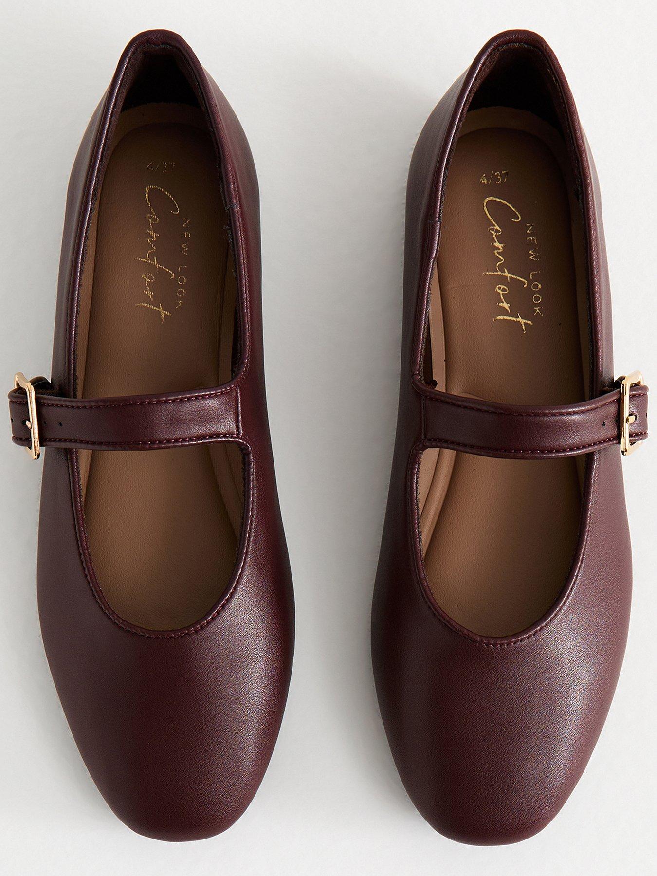 Image 4 of 5 of New Look Dark Burgundy Faux Leather High Vamp Mary Janes Ballerina Flats
