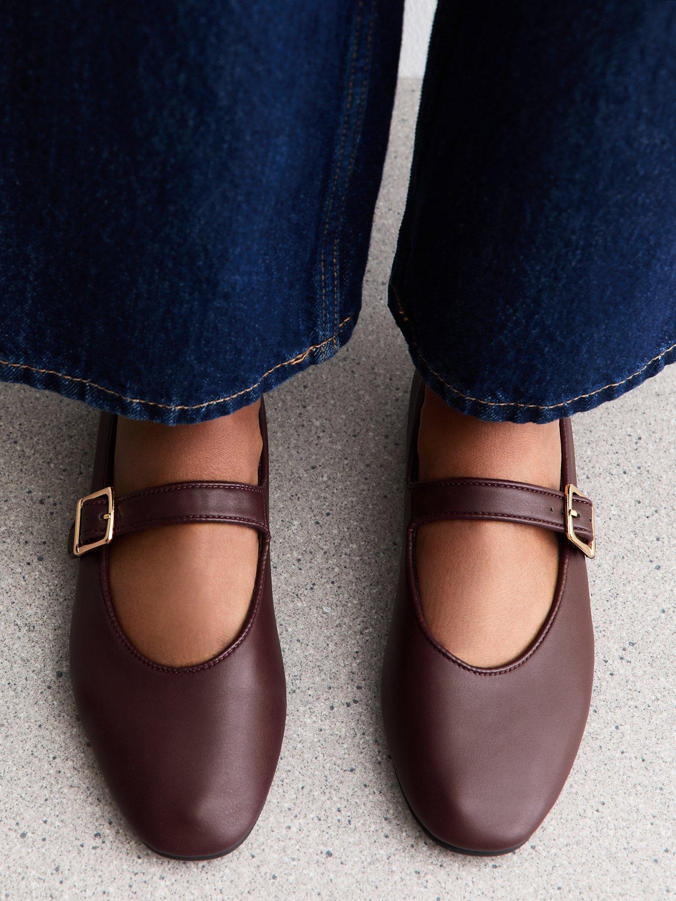 Image 5 of 5 of New Look Dark Burgundy Faux Leather High Vamp Mary Janes Ballerina Flats