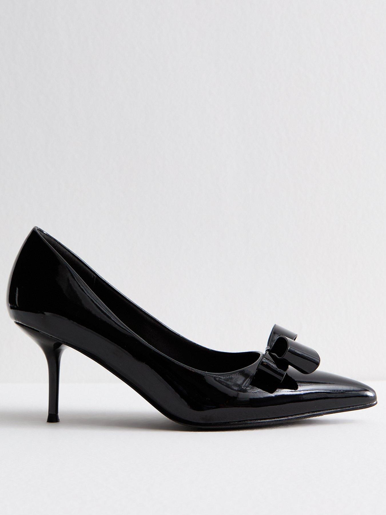 undefined Black Faux Patent Leather Bow Front Kitten Heel Court Shoes