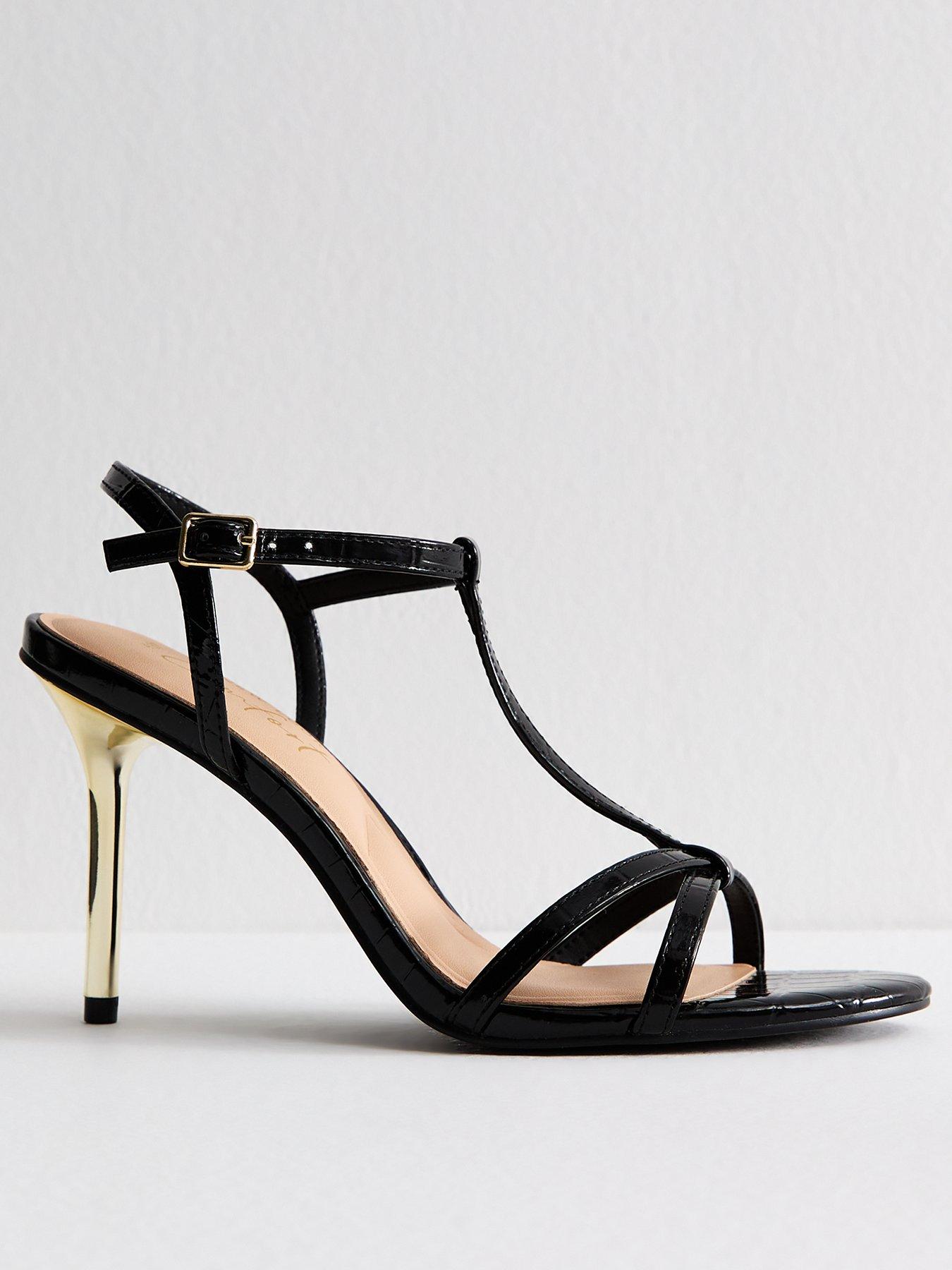 undefined Black Faux Leather T-bar Metallic Heel Stiletto Sandals