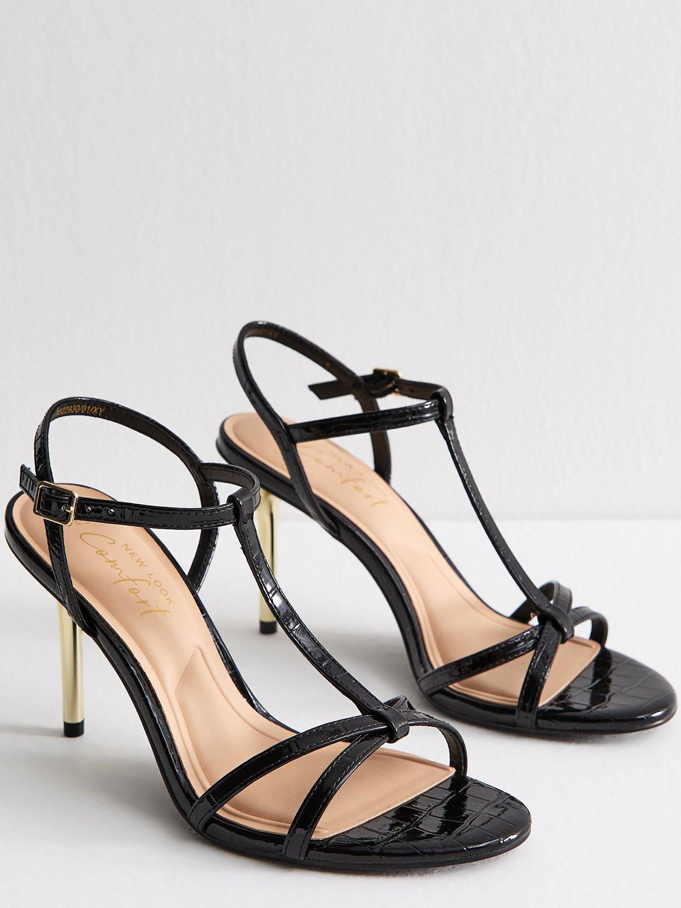 Image 4 of 6 of New Look Black Faux Leather T-bar Metallic Heel Stiletto Sandals