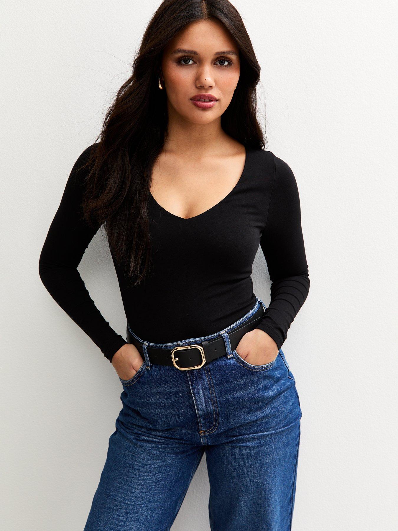 Image 1 of 5 of New Look V-neck Long Sleeve Bodysuit - Black
